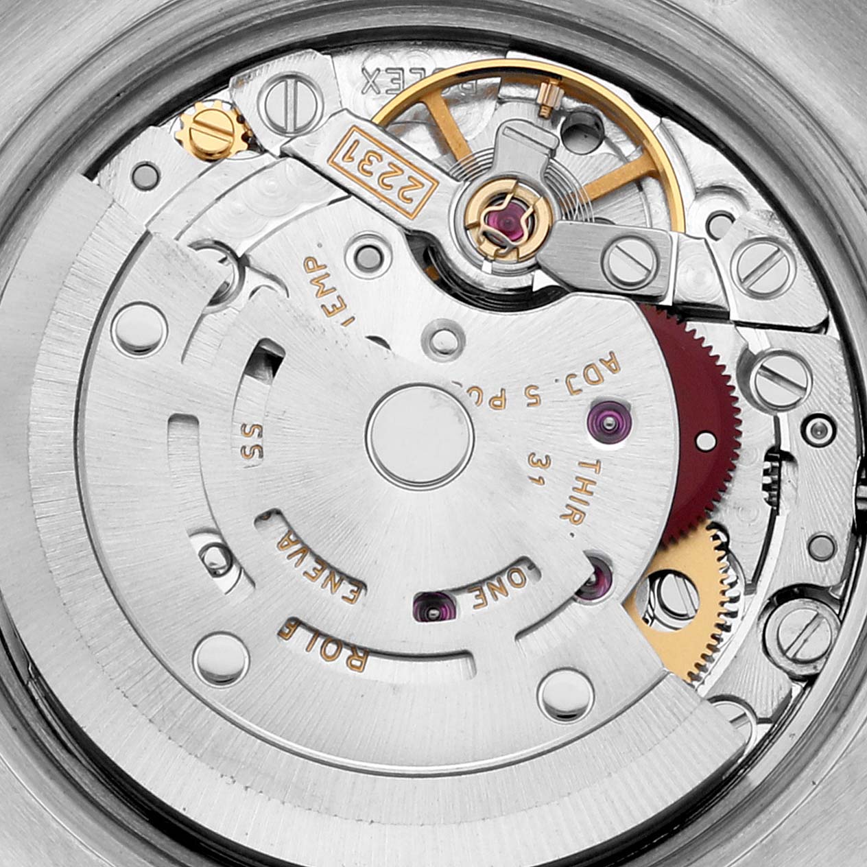 This image shows the intricate internal mechanism of a Rolex Oyster Perpetual 176200 Women's Stainless Steel Silver Dial 176200 Women's Stainless Steel Silver Dial watch from a top-down angle.