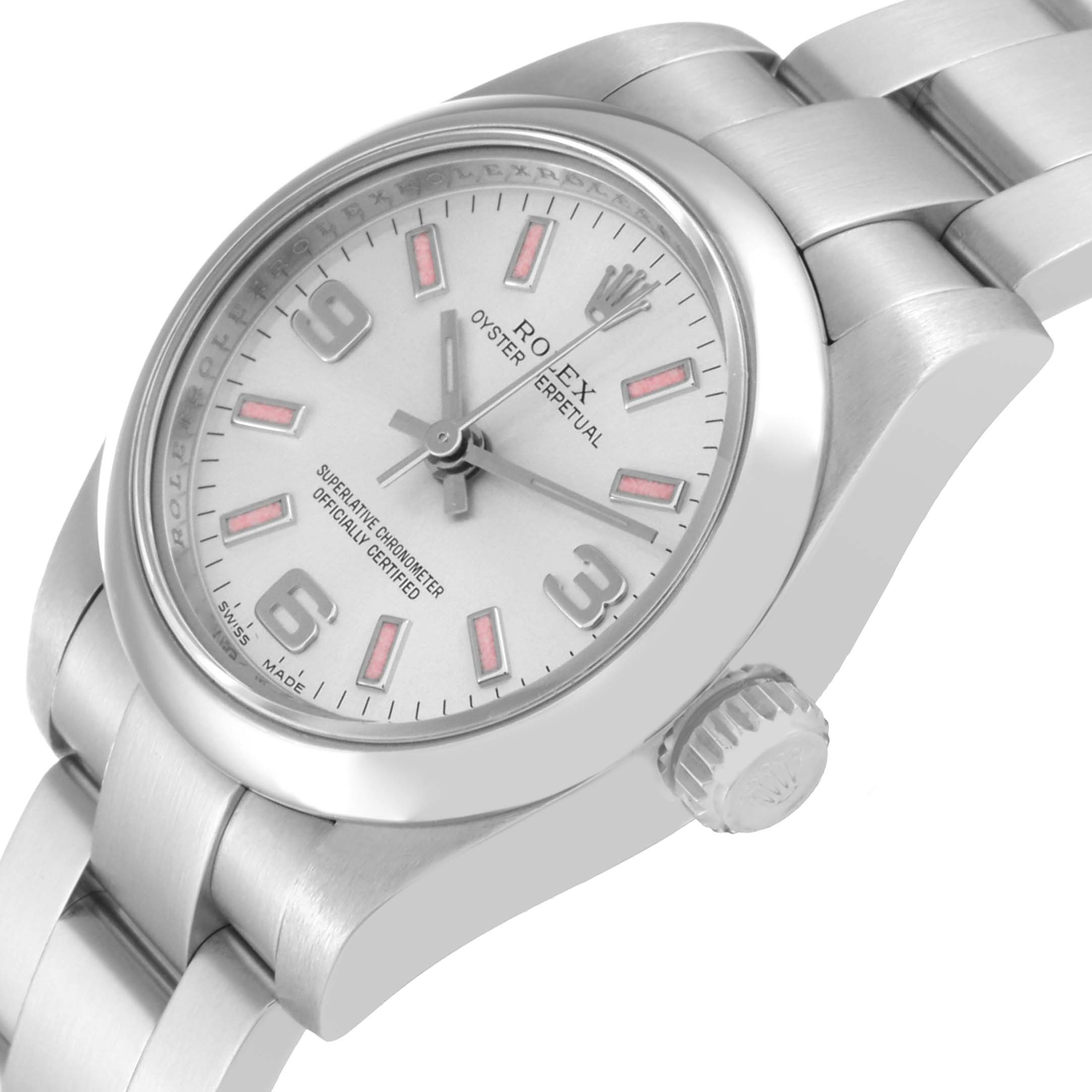 The image shows a close-up angled view of the Rolex Oyster Perpetual 176200 Women's Stainless Steel Silver Dial 176200 Women's Stainless Steel Silver Dial watch face, crown, and part of the bracelet.