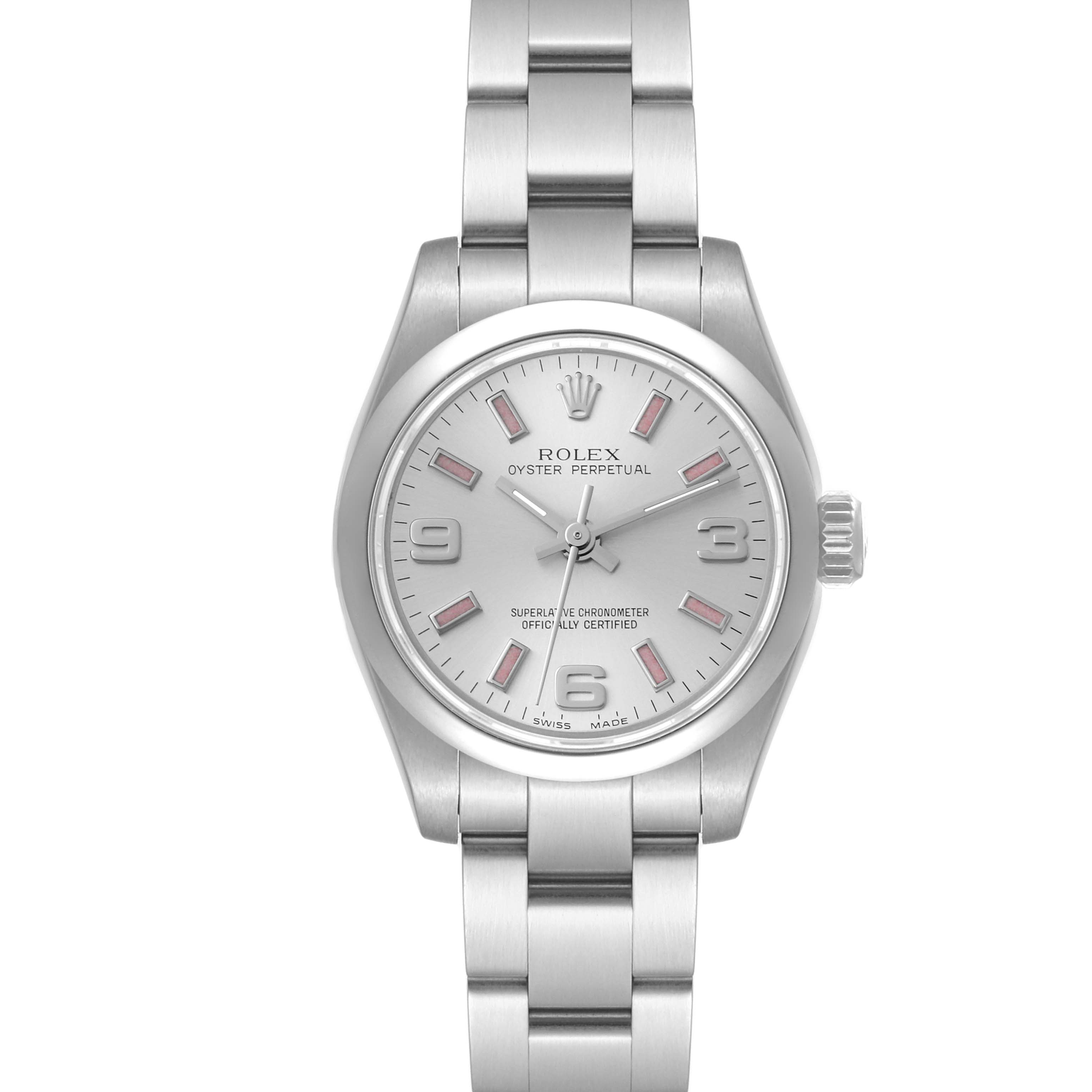 The image shows a front-facing view of the Rolex Oyster Perpetual 176200 Women's Stainless Steel Silver Dial 176200 Women's Stainless Steel Silver Dial watch, displaying its dial, hands, and bracelet.