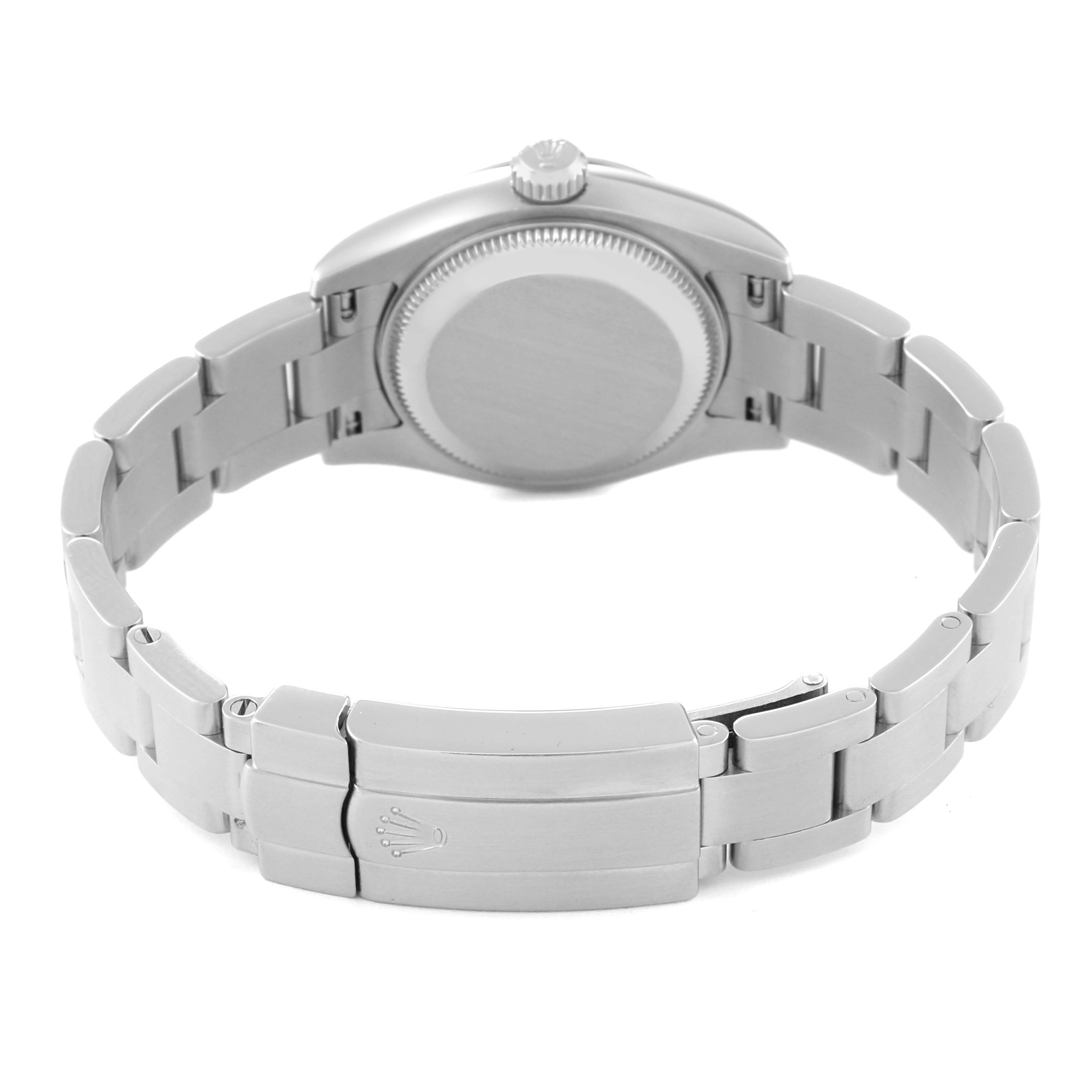 The image shows the back view of a Rolex Oyster Perpetual 176200 Women's Stainless Steel Silver Dial 176200 Women's Stainless Steel Silver Dial watch, highlighting the case back and bracelet with a clasp.