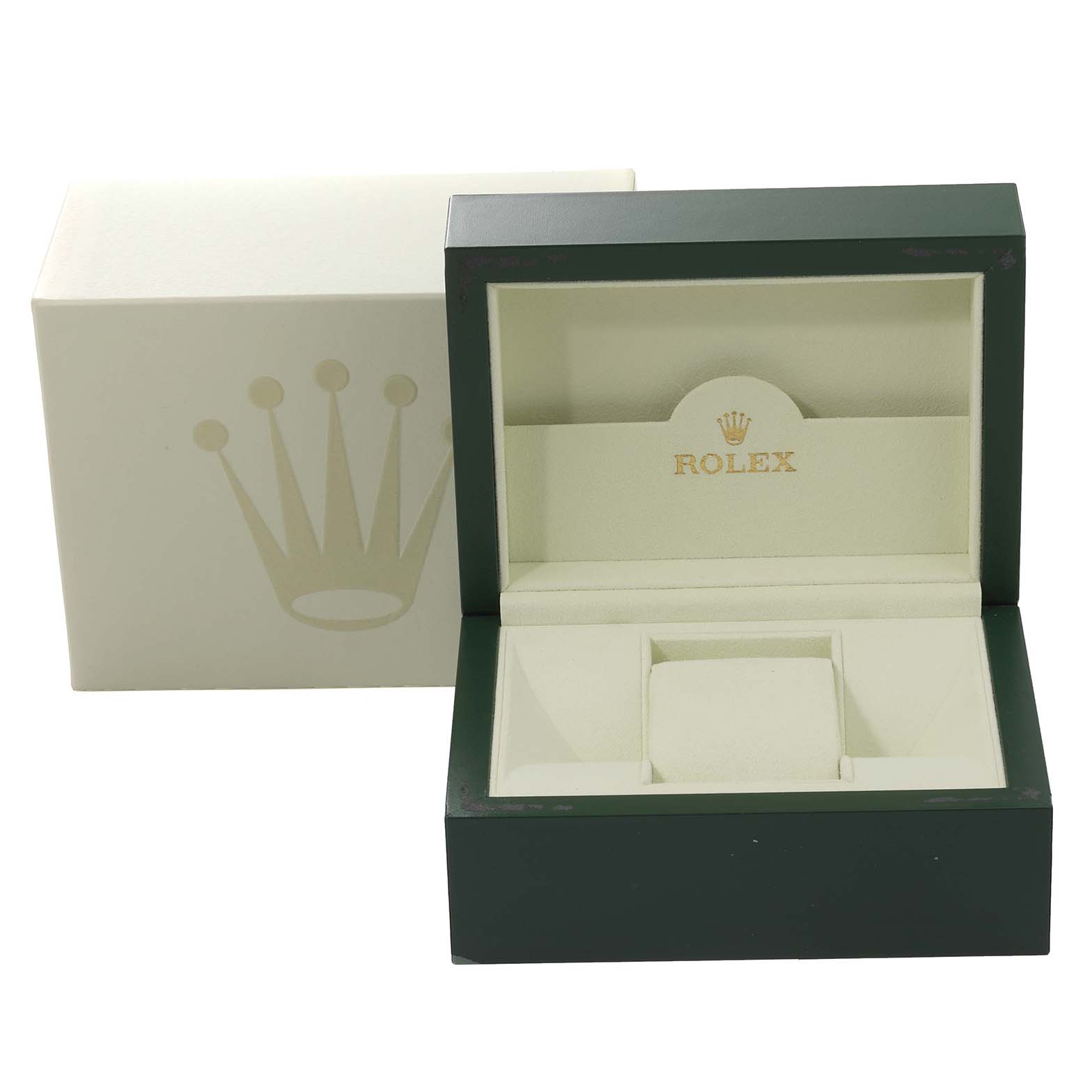 The image shows an open Rolex Oyster Perpetual 176200 Women's Stainless Steel Silver Dial 176200 Women's Stainless Steel Silver Dial watch box and its outer box, viewed from the front angle.