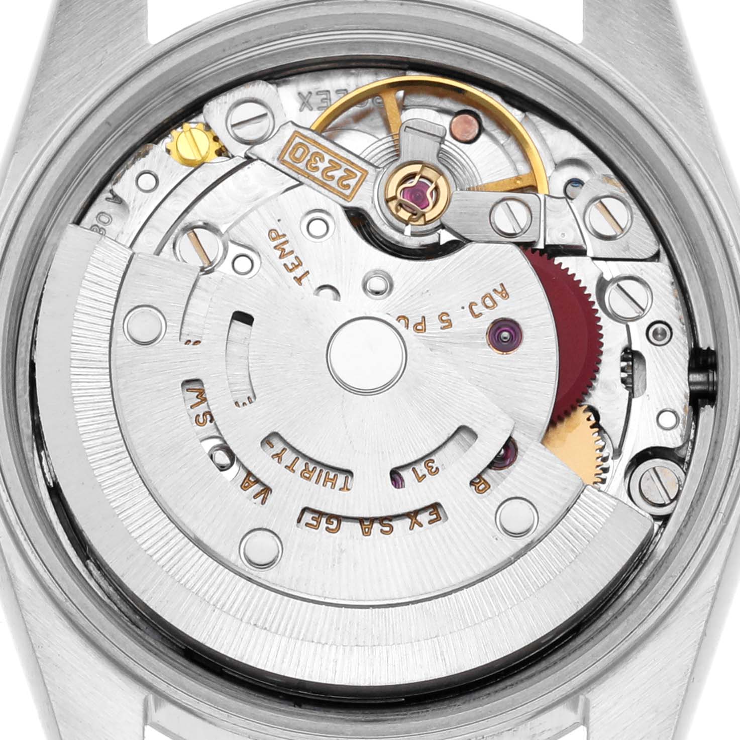 The image shows the movement of a Rolex Oyster Perpetual 76080 Women's Stainless Steel Pink Dial 76080 Women's Stainless Steel Pink Dial watch from the rear, highlighting the rotor and internal components.