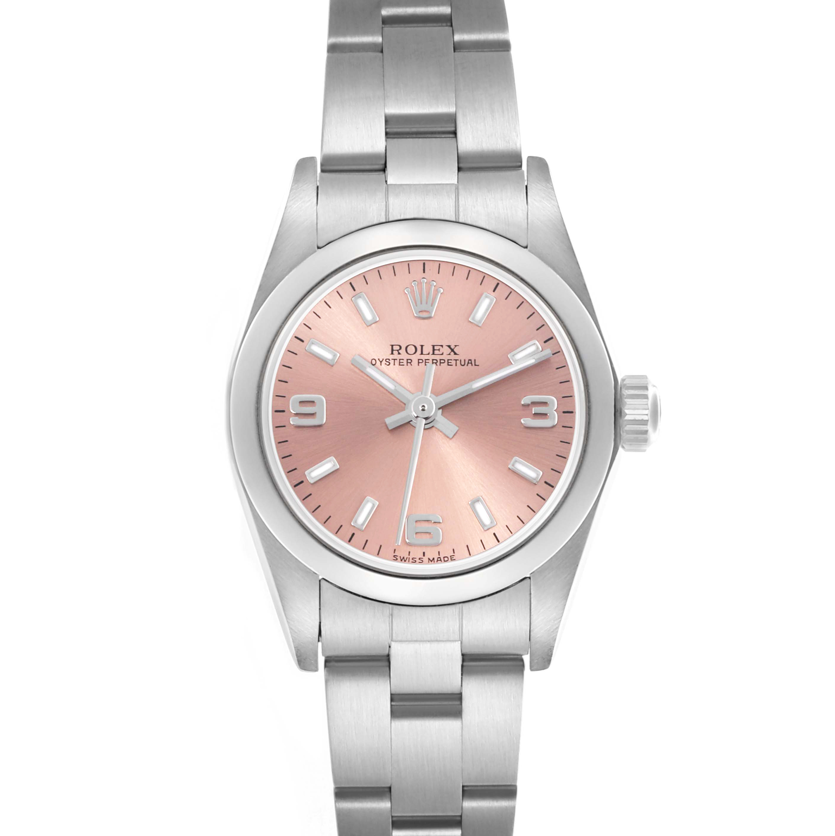 The Rolex Oyster Perpetual 76080 Women's Stainless Steel Pink Dial 76080 Women's Stainless Steel Pink Dial watch is shown from a front angle, displaying the pink dial, bezel, crown, and stainless steel bracelet.