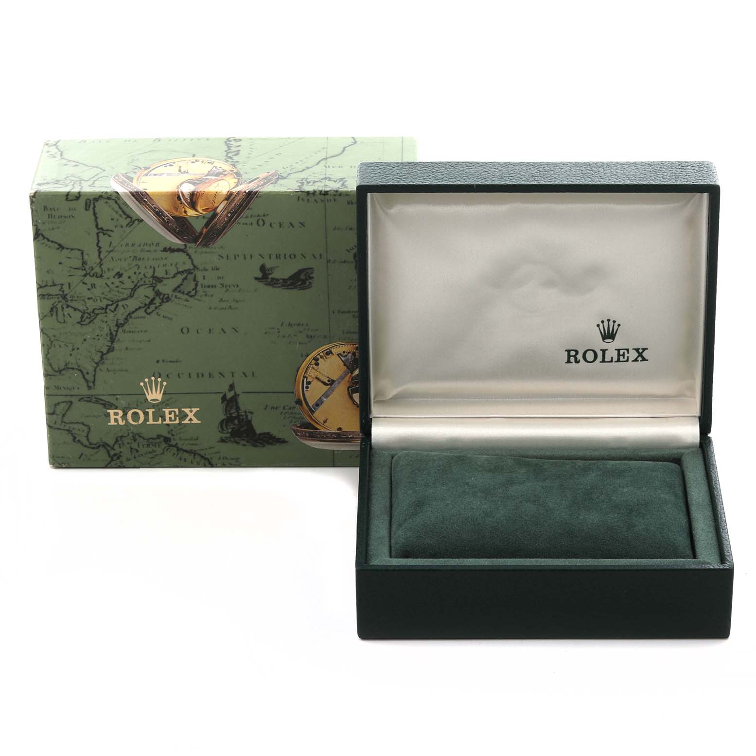 The image shows the Rolex Oyster Perpetual 76080 Women's Stainless Steel Pink Dial 76080 Women's Stainless Steel Pink Dial's box at a front angle, featuring both the outer and inner packaging.