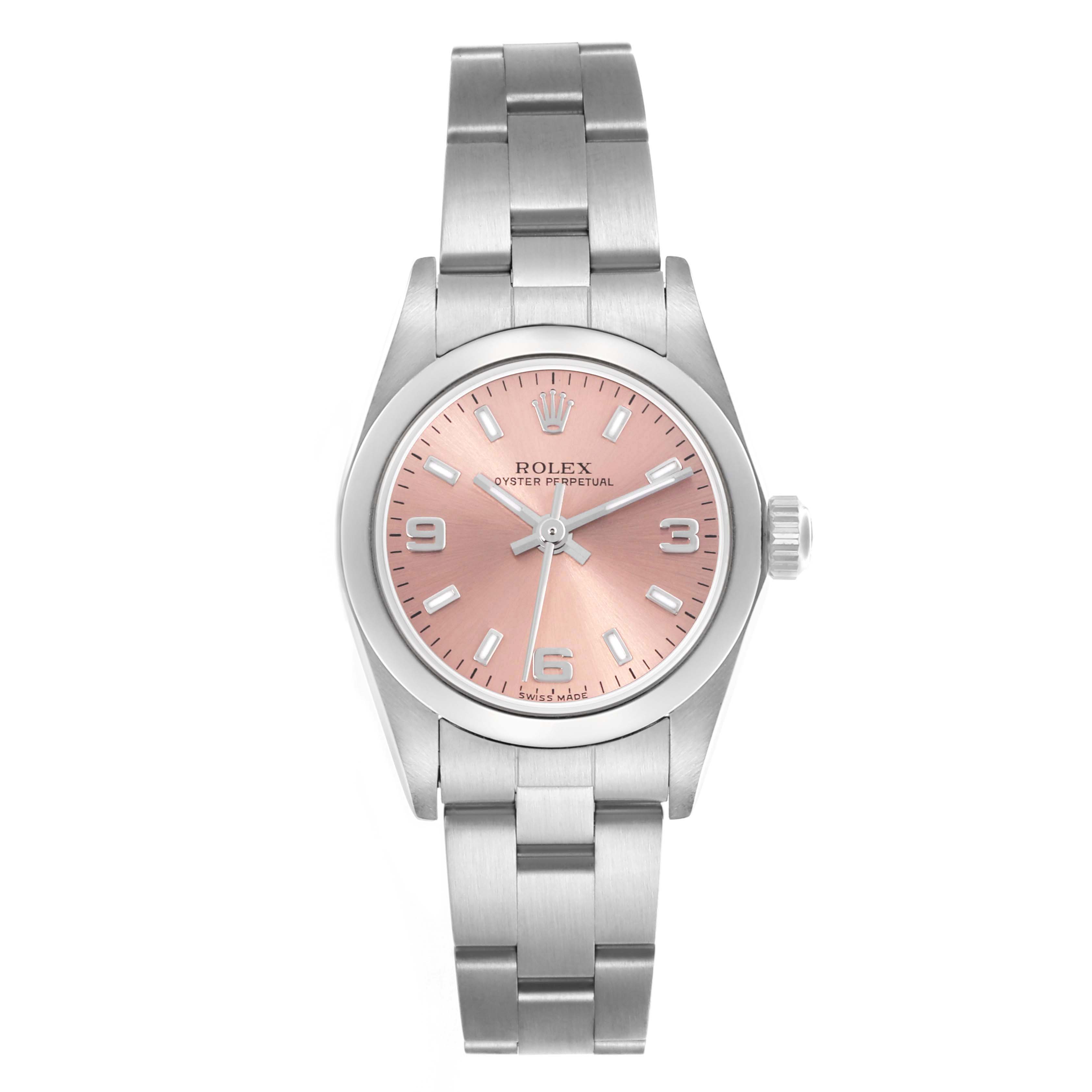 The Rolex Oyster Perpetual 76080 Women's Stainless Steel Pink Dial 76080 Women's Stainless Steel Pink Dial watch is shown from a top-down angle, displaying the face, bezel, crown, and bracelet.