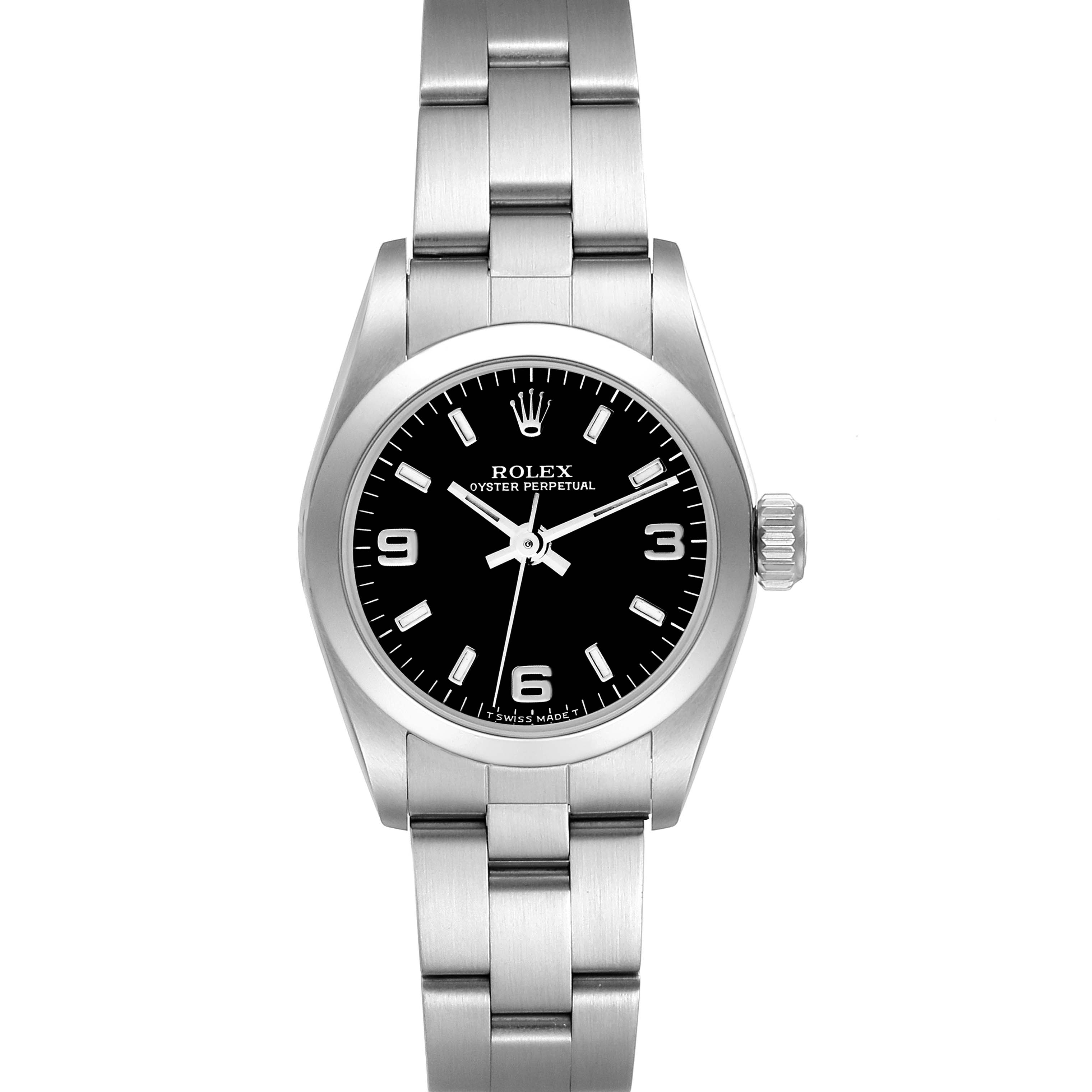 This image shows a front view of a Rolex Oyster Perpetual 67180 Women's Stainless Steel Black Dial 67180 Women's Stainless Steel Black Dial watch, displaying its face, bezel, and bracelet.