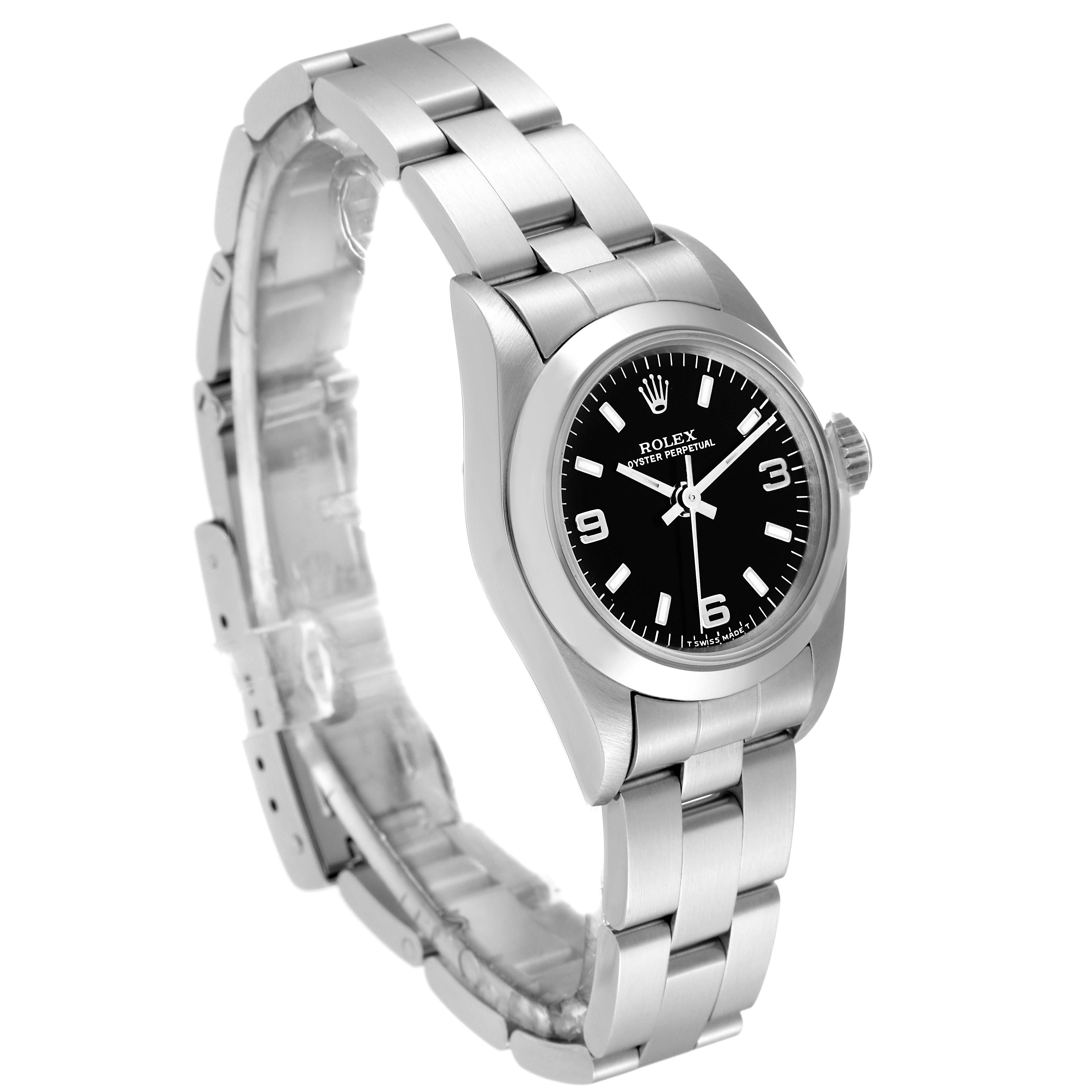 The image shows a side view of the Rolex Oyster Perpetual 67180 Women's Stainless Steel Black Dial 67180 Women's Stainless Steel Black Dial watch, highlighting its black dial and stainless steel bracelet.