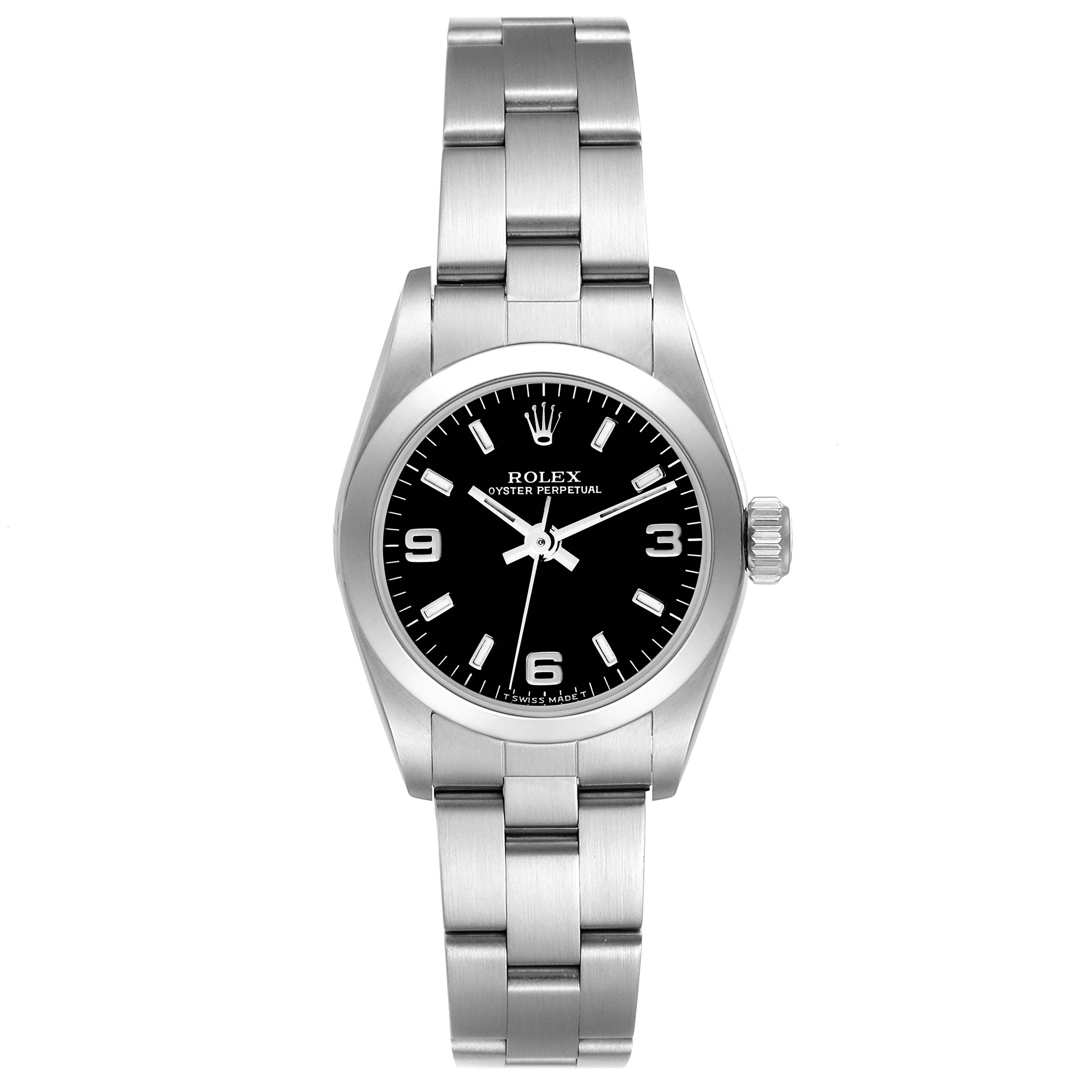 This straight-on image shows the face, dial, and bracelet of the Rolex Oyster Perpetual 67180 Women's Stainless Steel Black Dial 67180 Women's Stainless Steel Black Dial watch.
