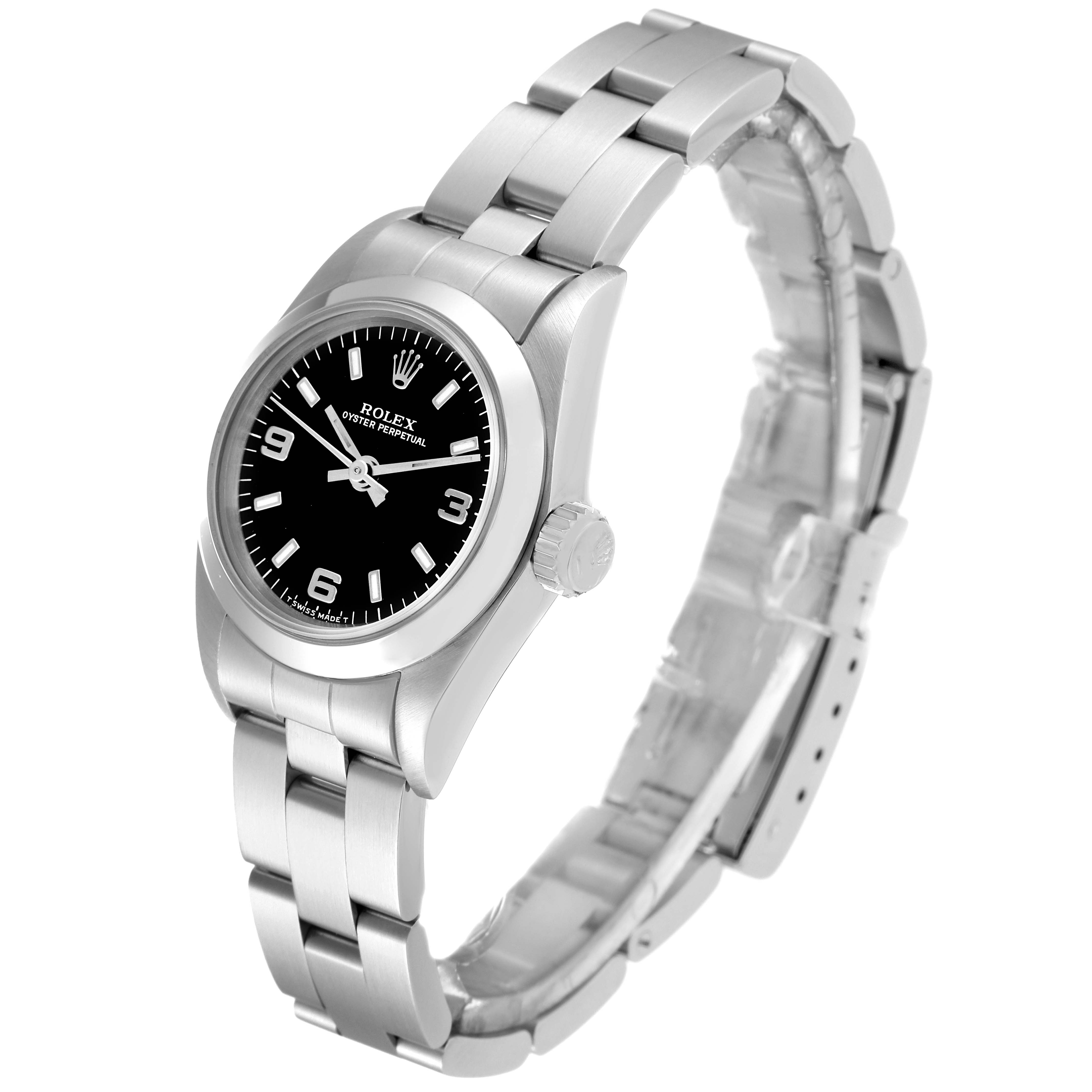 The Rolex Oyster Perpetual 67180 Women's Stainless Steel Black Dial 67180 Women's Stainless Steel Black Dial watch is shown at an angle displaying the front, bracelet, and partially the clasp.