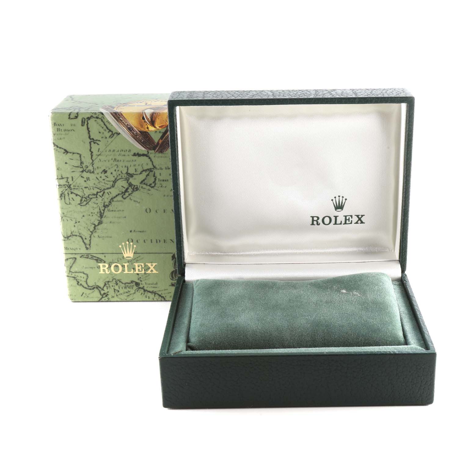 The image shows an empty open Rolex Oyster Perpetual 67180 Women's Stainless Steel Black Dial 67180 Women's Stainless Steel Black Dial watch box and its exterior packaging.
