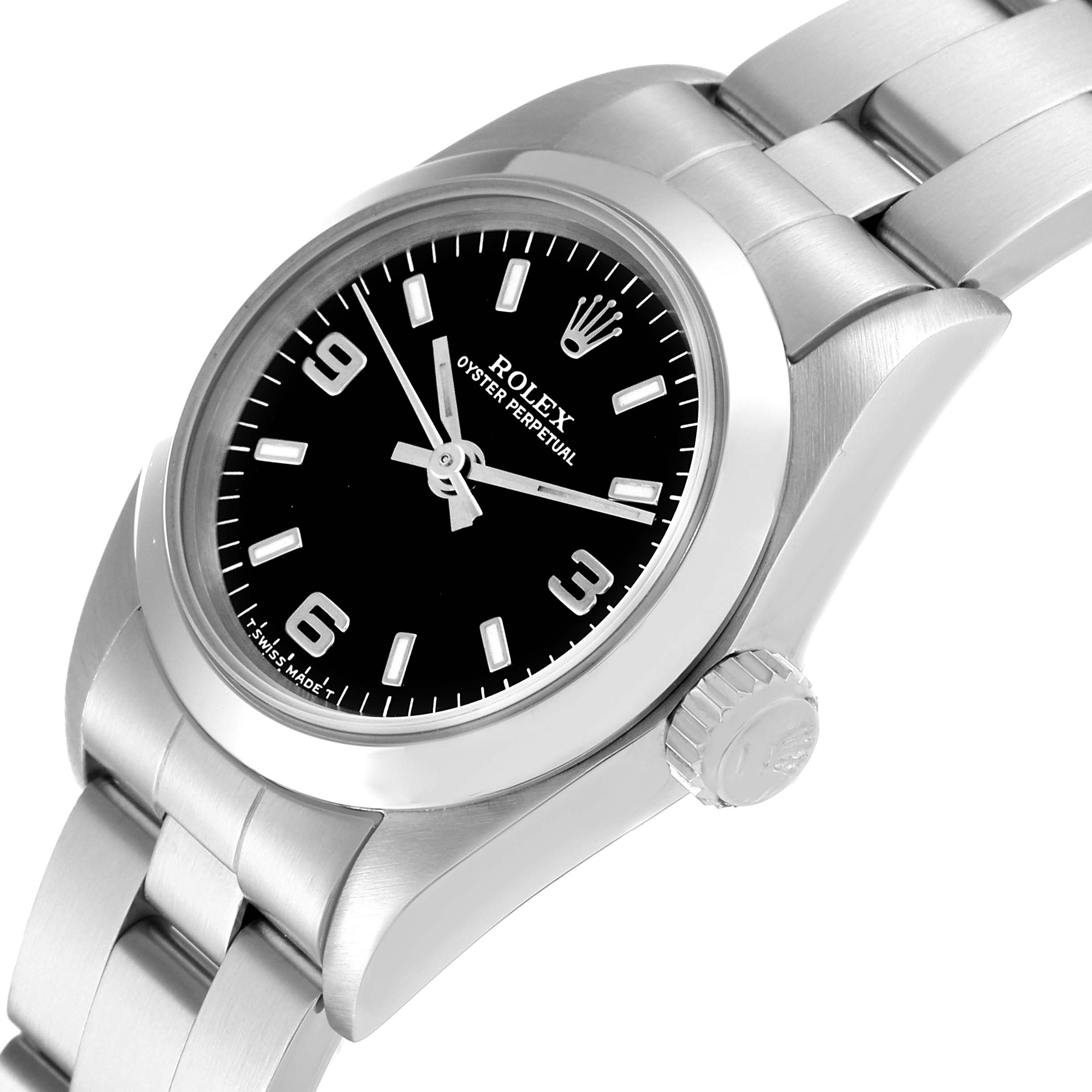 This image shows a Rolex Oyster Perpetual 67180 Women's Stainless Steel Black Dial 67180 Women's Stainless Steel Black Dial watch at an angled view, highlighting the dial, bracelet, and crown.