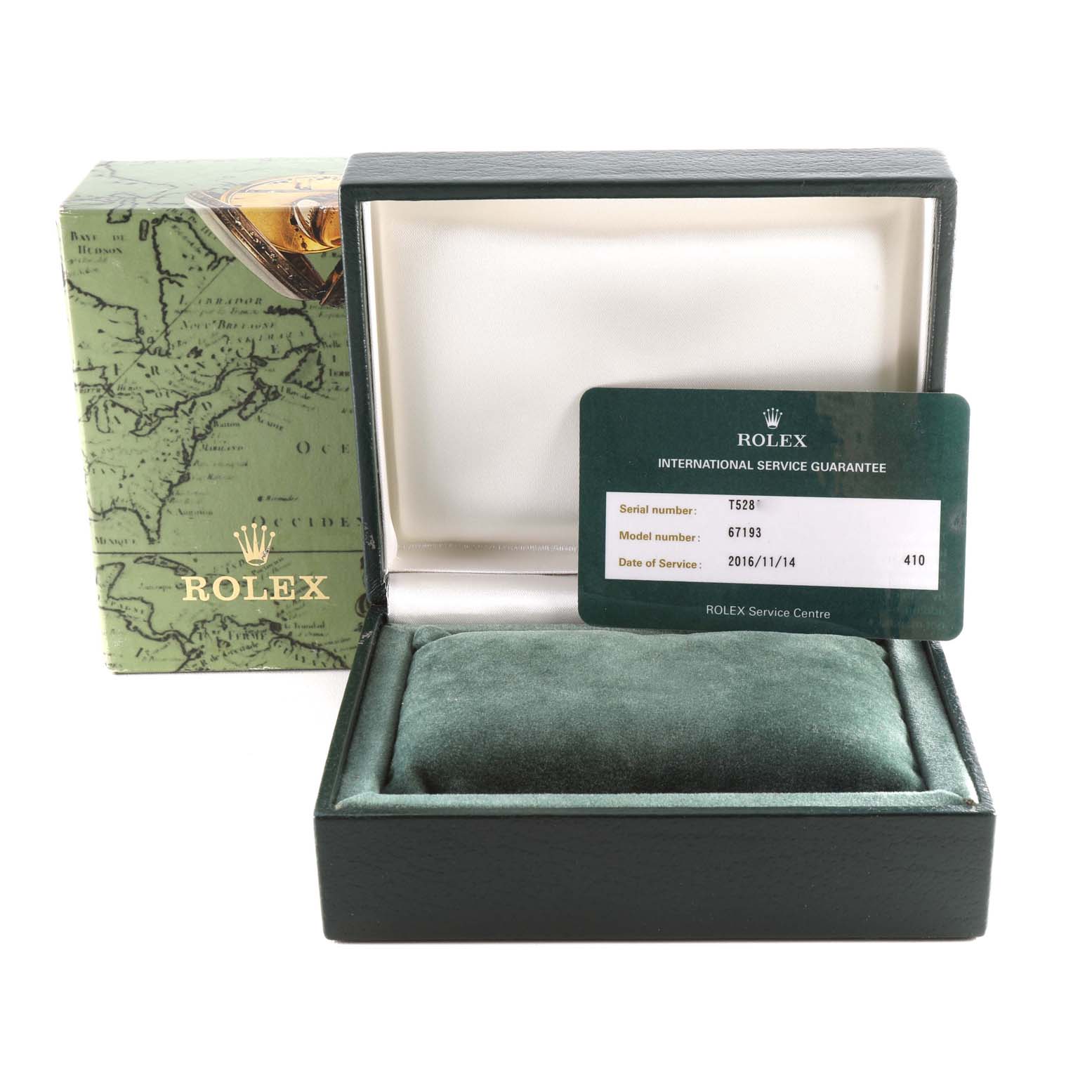 The image displays an open Rolex Oyster Perpetual 67193 Women's Steel and Gold (two tone) Champagne Dial 67193 Women's Steel and Gold (two tone) Champagne Dial box with a green service guarantee card inside.