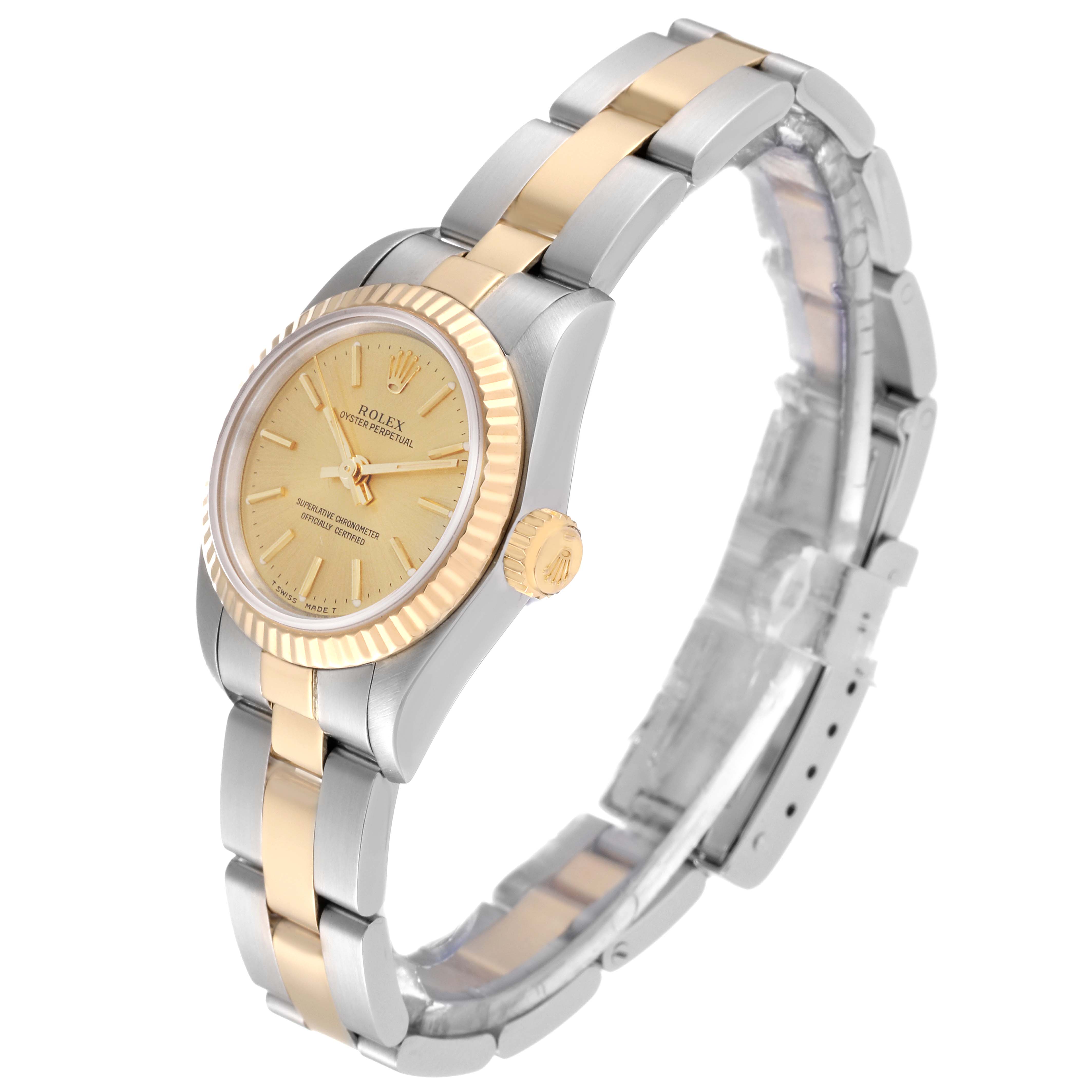 This image shows a side-angle view of a Rolex Oyster Perpetual 67193 Women's Steel and Gold (two tone) Champagne Dial 67193 Women's Steel and Gold (two tone) Champagne Dial watch, highlighting the dial, case, bracelet, and crown.