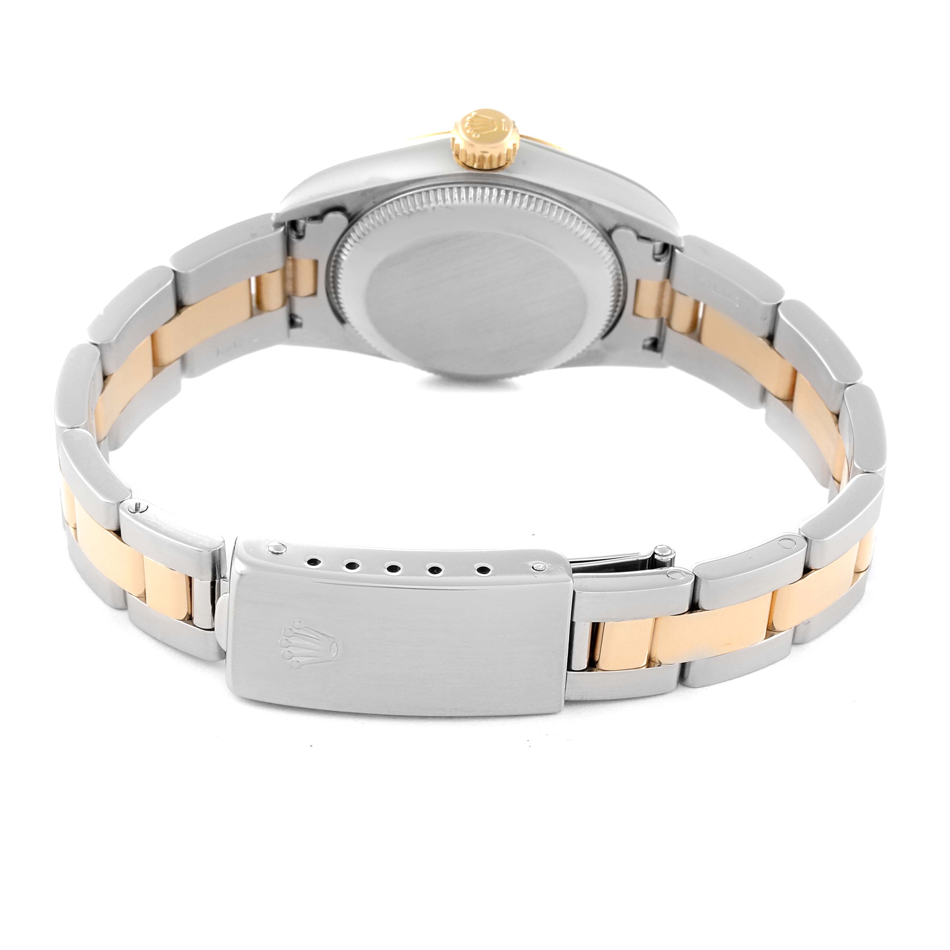 The image shows the back view of the Rolex Oyster Perpetual 67193 Women's Steel and Gold (two tone) Champagne Dial 67193 Women's Steel and Gold (two tone) Champagne Dial watch, highlighting its bracelet and clasp.