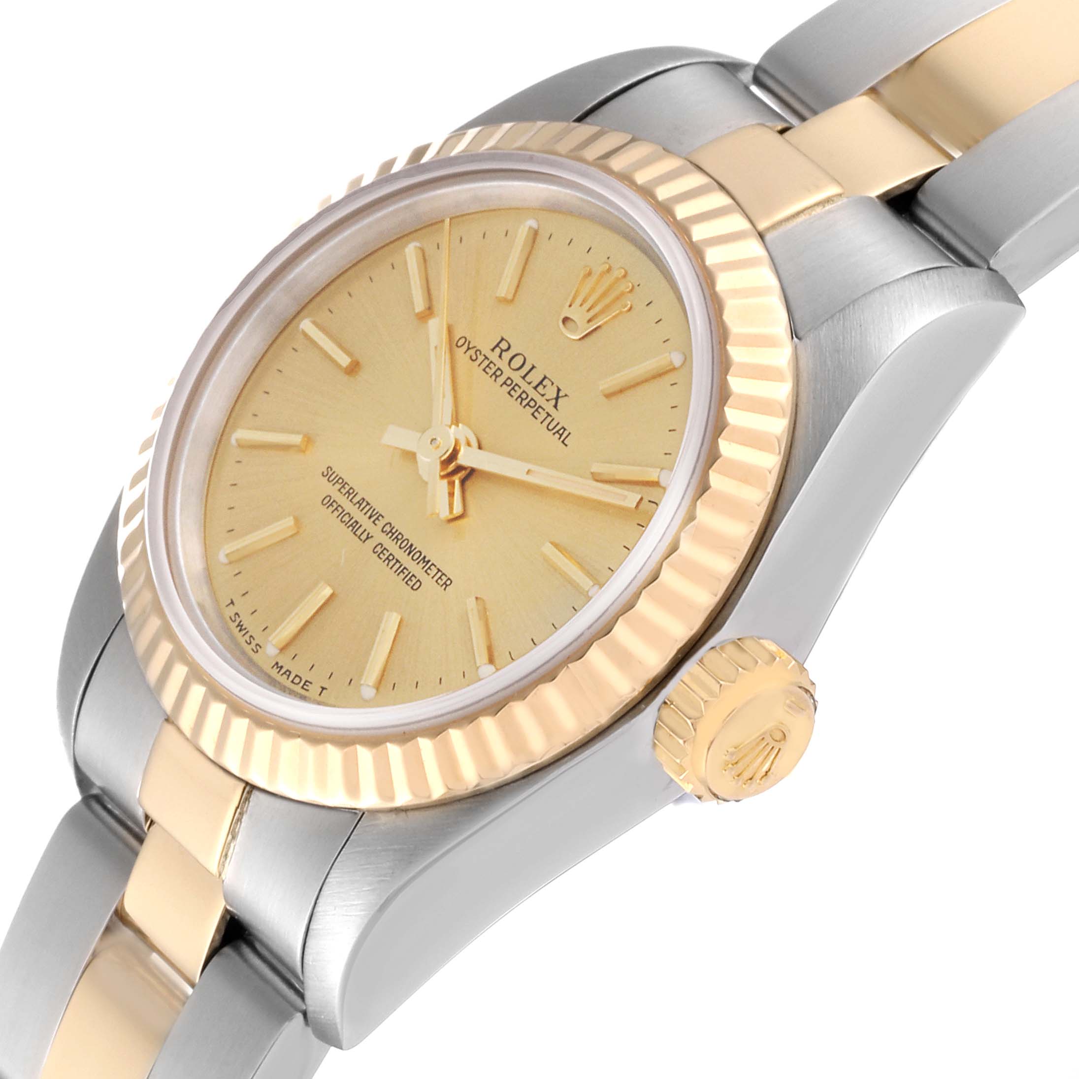 The image shows a side angle view of a Rolex Oyster Perpetual 67193 Women's Steel and Gold (two tone) Champagne Dial 67193 Women's Steel and Gold (two tone) Champagne Dial watch, highlighting the bezel, dial, case, and part of the bracelet.