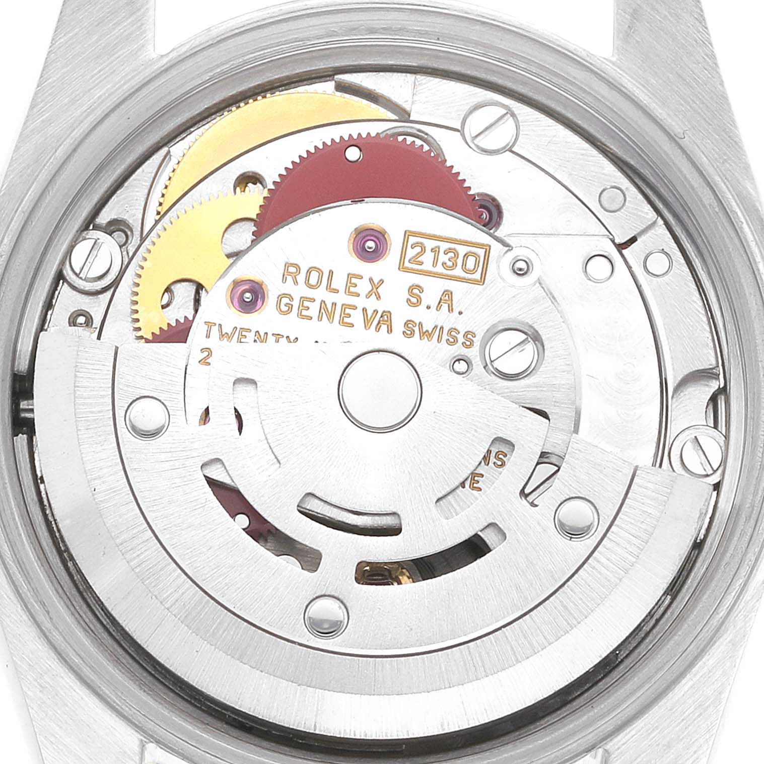 This image shows the internal mechanism of a Rolex Oyster Perpetual 67193 Women's Steel and Gold (two tone) Champagne Dial 67193 Women's Steel and Gold (two tone) Champagne Dial watch from the back.