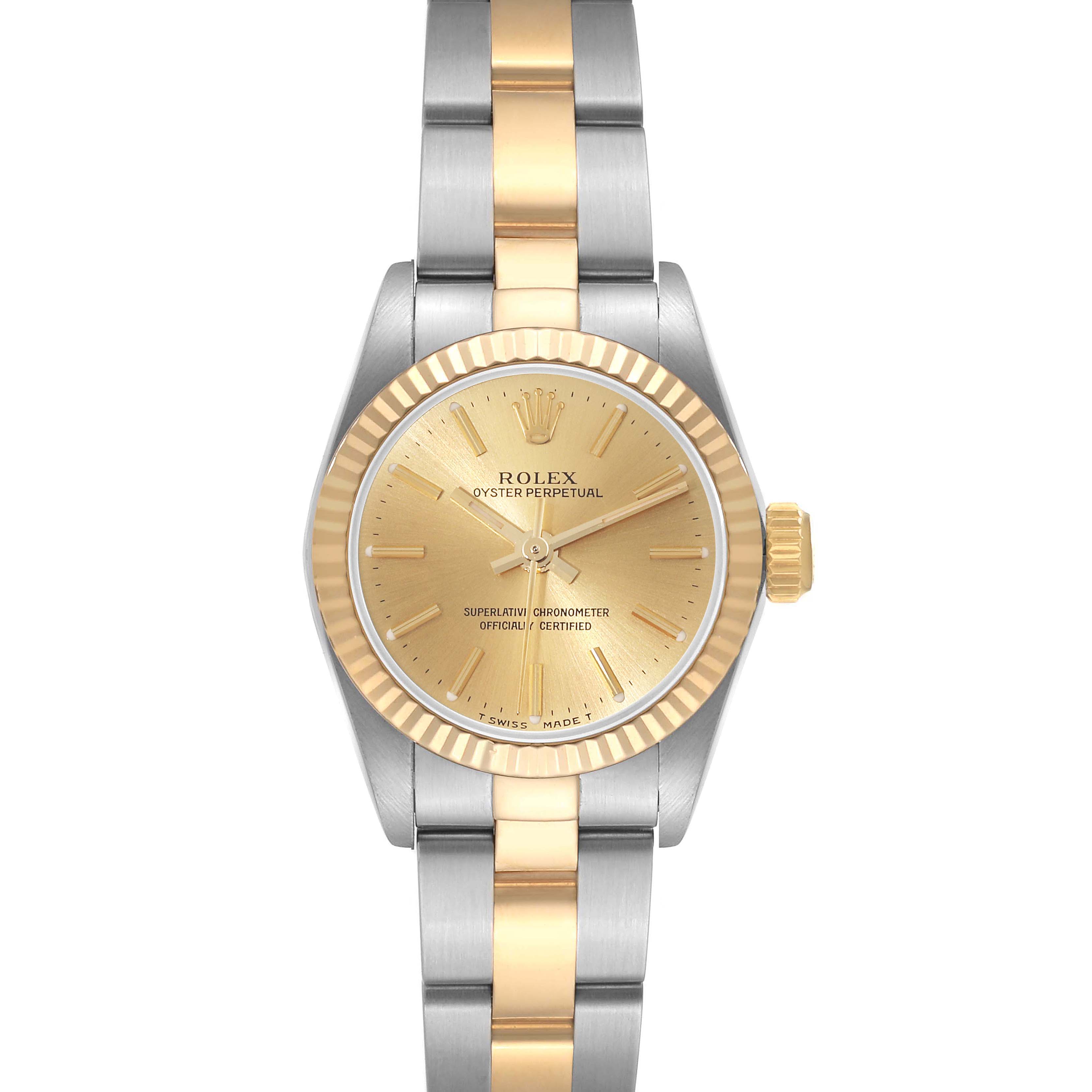This image shows a front view of a Rolex Oyster Perpetual 67193 Women's Steel and Gold (two tone) Champagne Dial 67193 Women's Steel and Gold (two tone) Champagne Dial watch, featuring a two-tone bracelet and a gold dial.