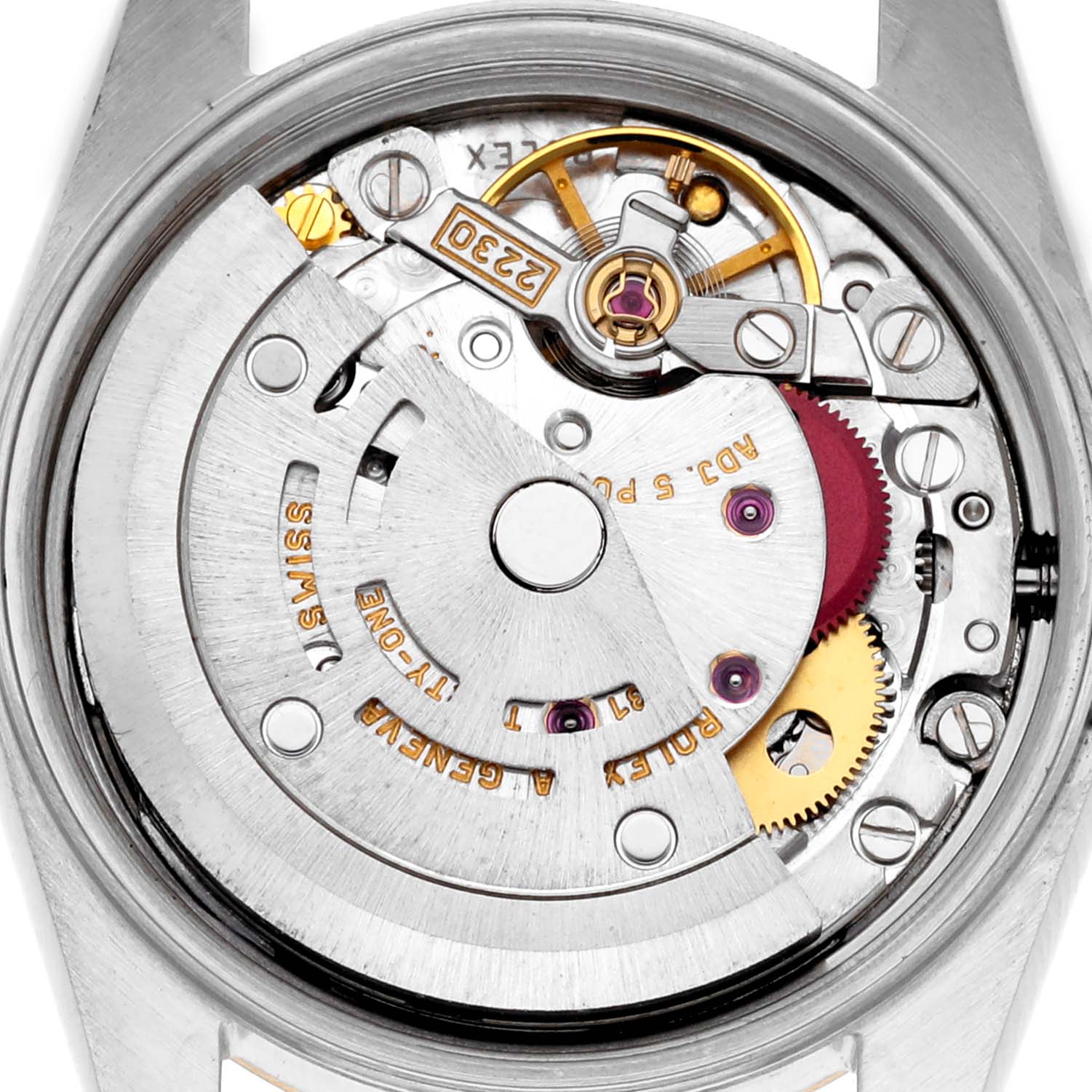 The image shows the movement of a Rolex Oyster Perpetual 76193 Women
s Steel and Gold (two tone) White Dial 76193 Women
s Steel and Gold (two tone) White Dial watch from the back, highlighting gears and the rotor.