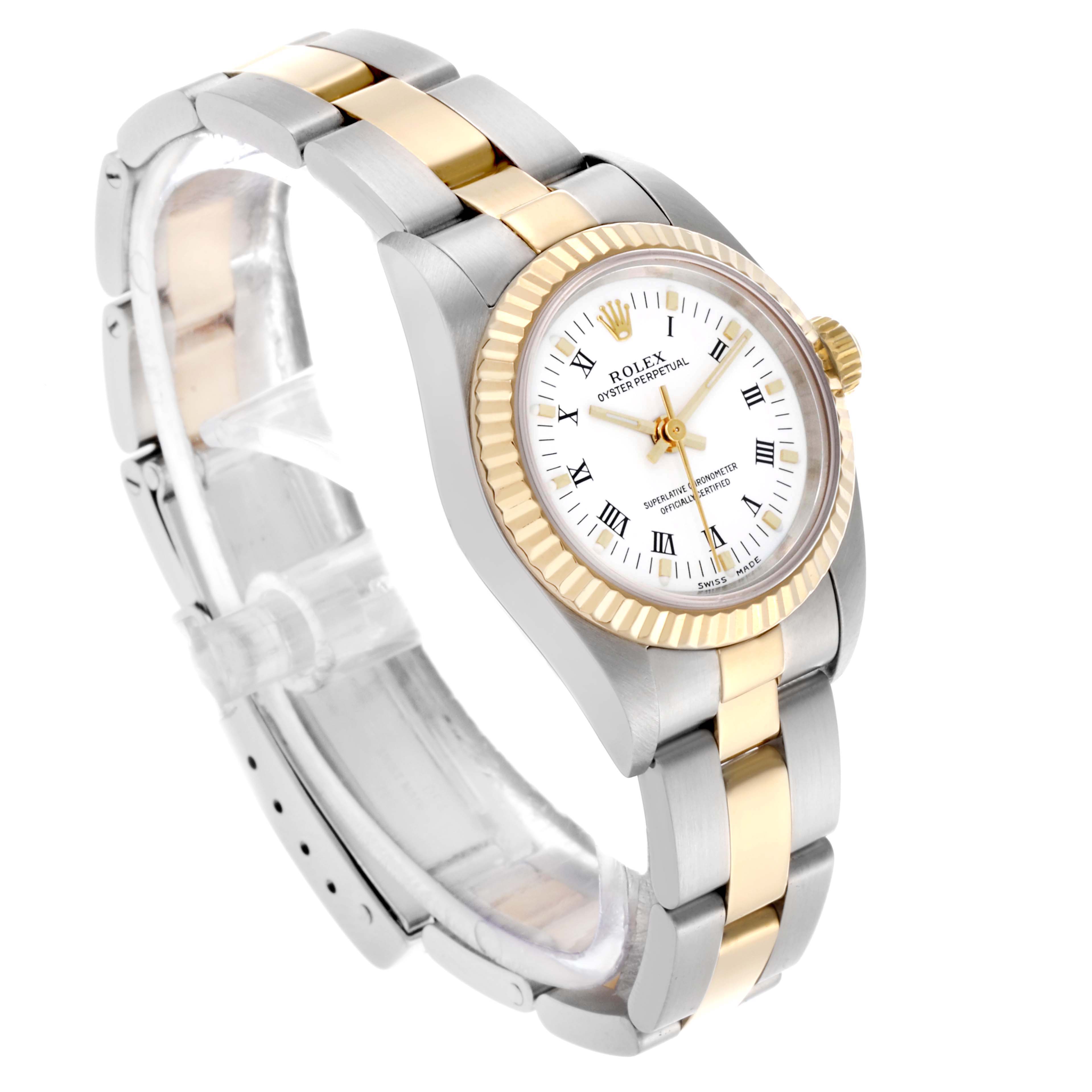 The Rolex Oyster Perpetual 76193 Women
s Steel and Gold (two tone) White Dial 76193 Women
s Steel and Gold (two tone) White Dial watch is shown at a three-quarter angle displaying the dial, bezel, and bracelet.