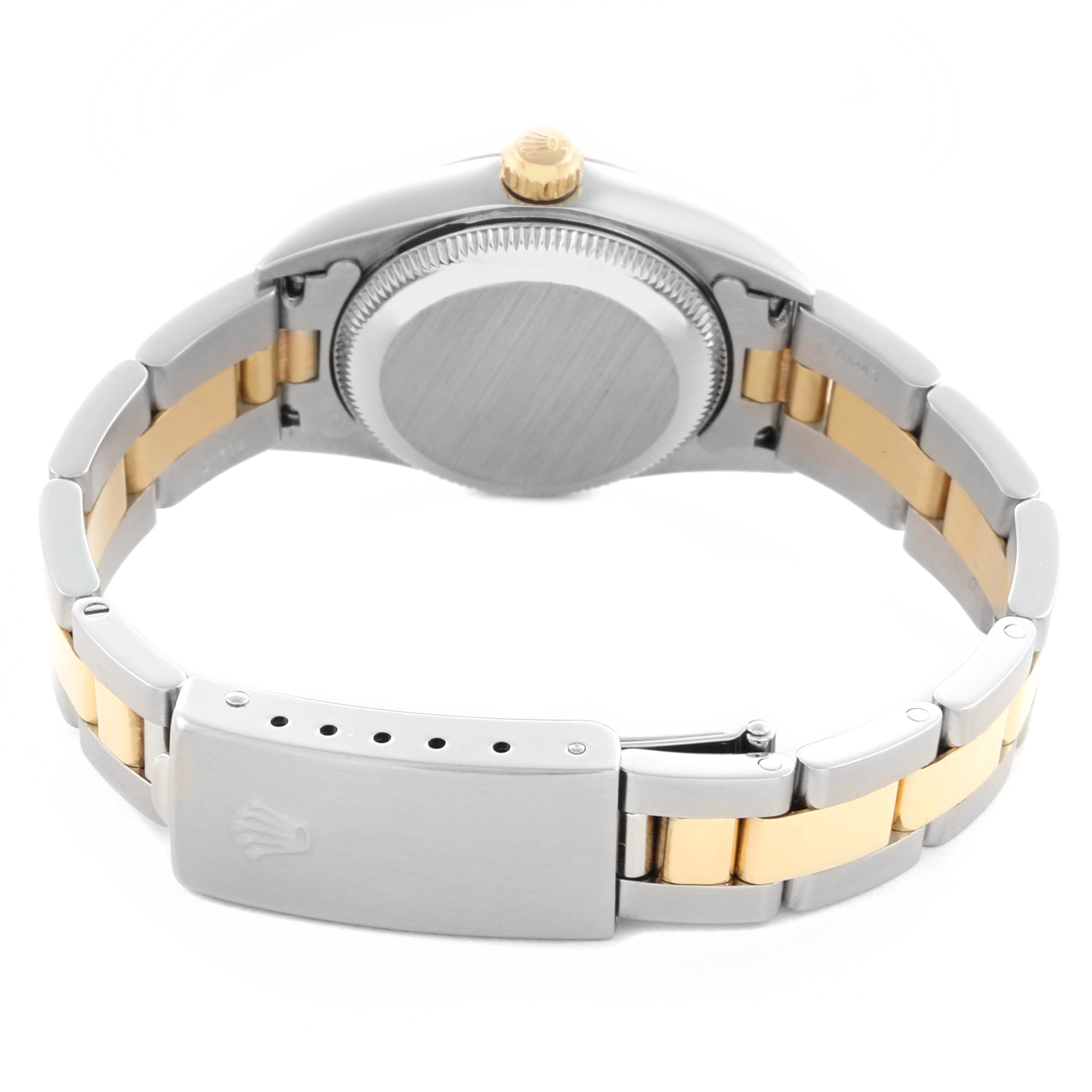 The Rolex Oyster Perpetual 76193 Women
s Steel and Gold (two tone) White Dial 76193 Women
s Steel and Gold (two tone) White Dial watch is shown from the back, highlighting its bracelet, clasp, and case back.