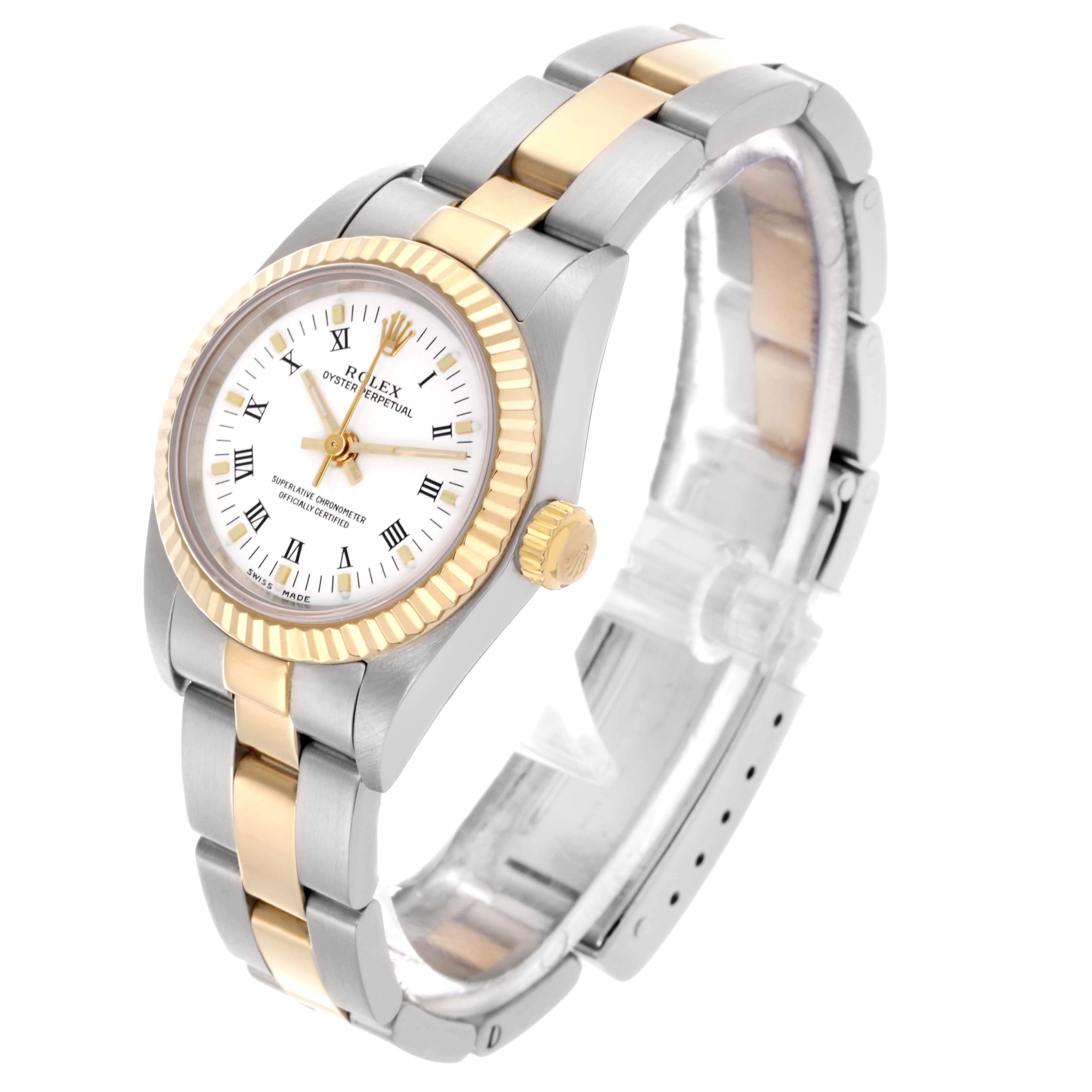 The Rolex Oyster Perpetual 76193 Women
s Steel and Gold (two tone) White Dial 76193 Women
s Steel and Gold (two tone) White Dial watch is shown at a slight angle, highlighting the face, bezel, and part of the bracelet.
