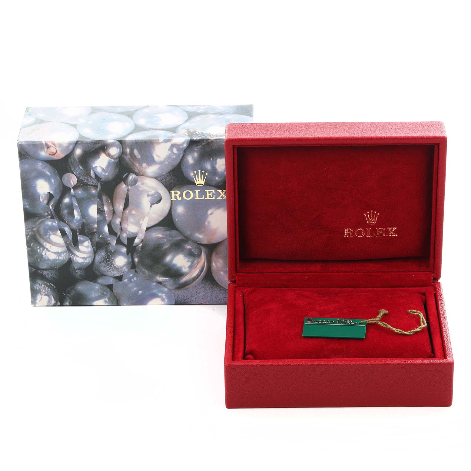 The image shows the packaging for a Rolex Oyster Perpetual 76193 Women
s Steel and Gold (two tone) White Dial 76193 Women
s Steel and Gold (two tone) White Dial: an open red watch box and a decorative exterior box.