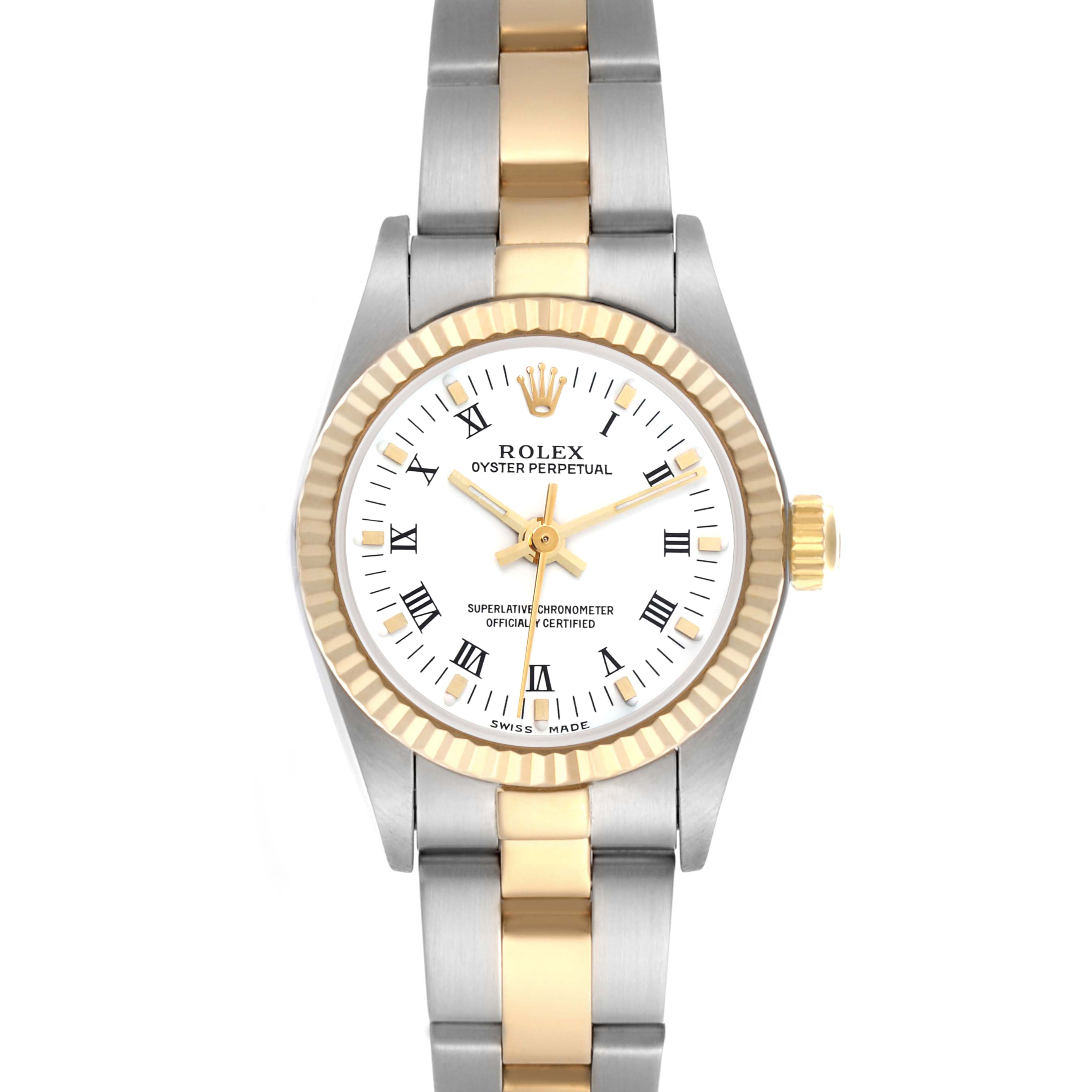 The Rolex Oyster Perpetual 76193 Women
s Steel and Gold (two tone) White Dial 76193 Women
s Steel and Gold (two tone) White Dial watch is shown from a front angle, displaying the face, bezel, and part of the bracelet.