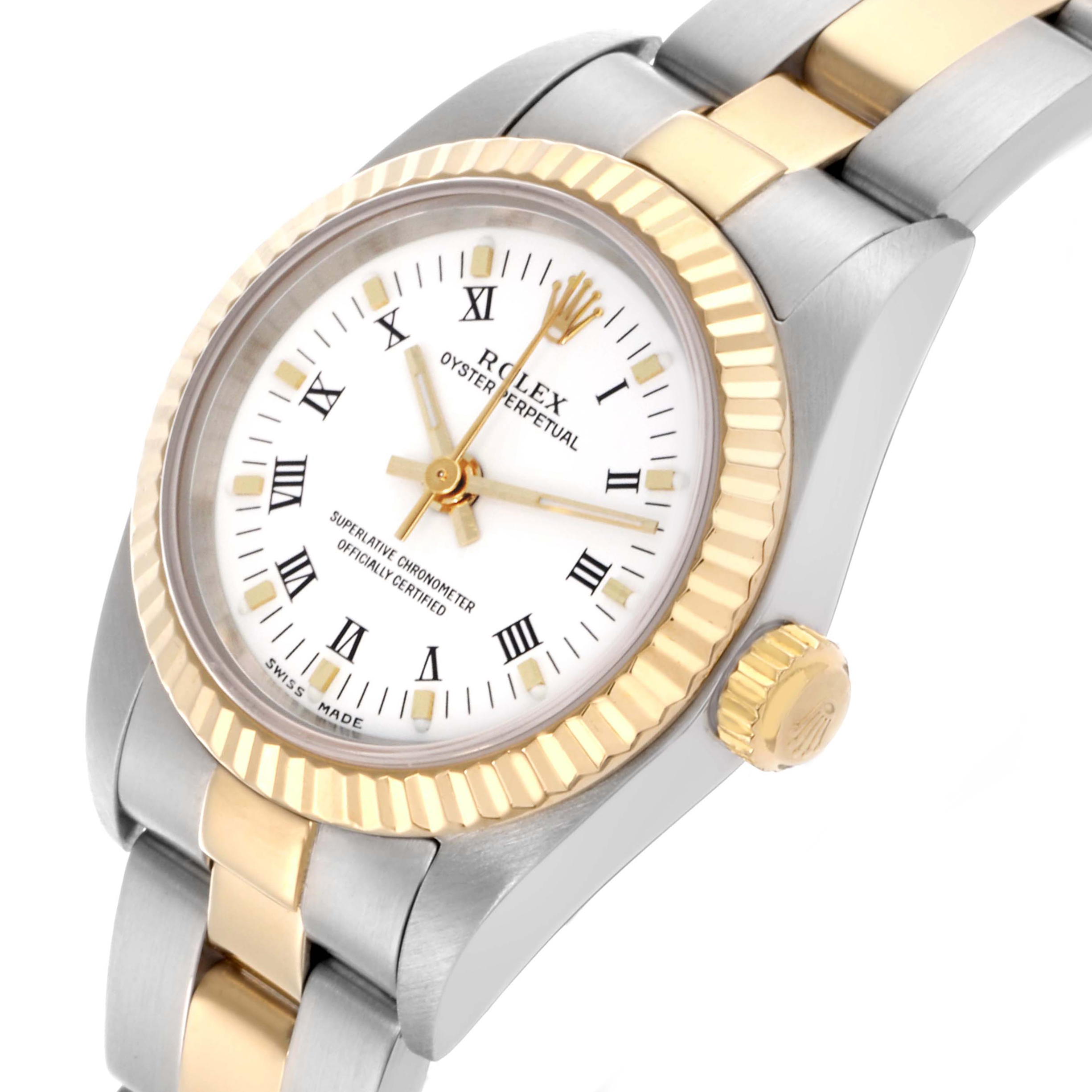 The Rolex Oyster Perpetual 76193 Women
s Steel and Gold (two tone) White Dial 76193 Women
s Steel and Gold (two tone) White Dial watch is shown at a slight angle, highlighting the dial, bezel, crown, and part of the bracelet.