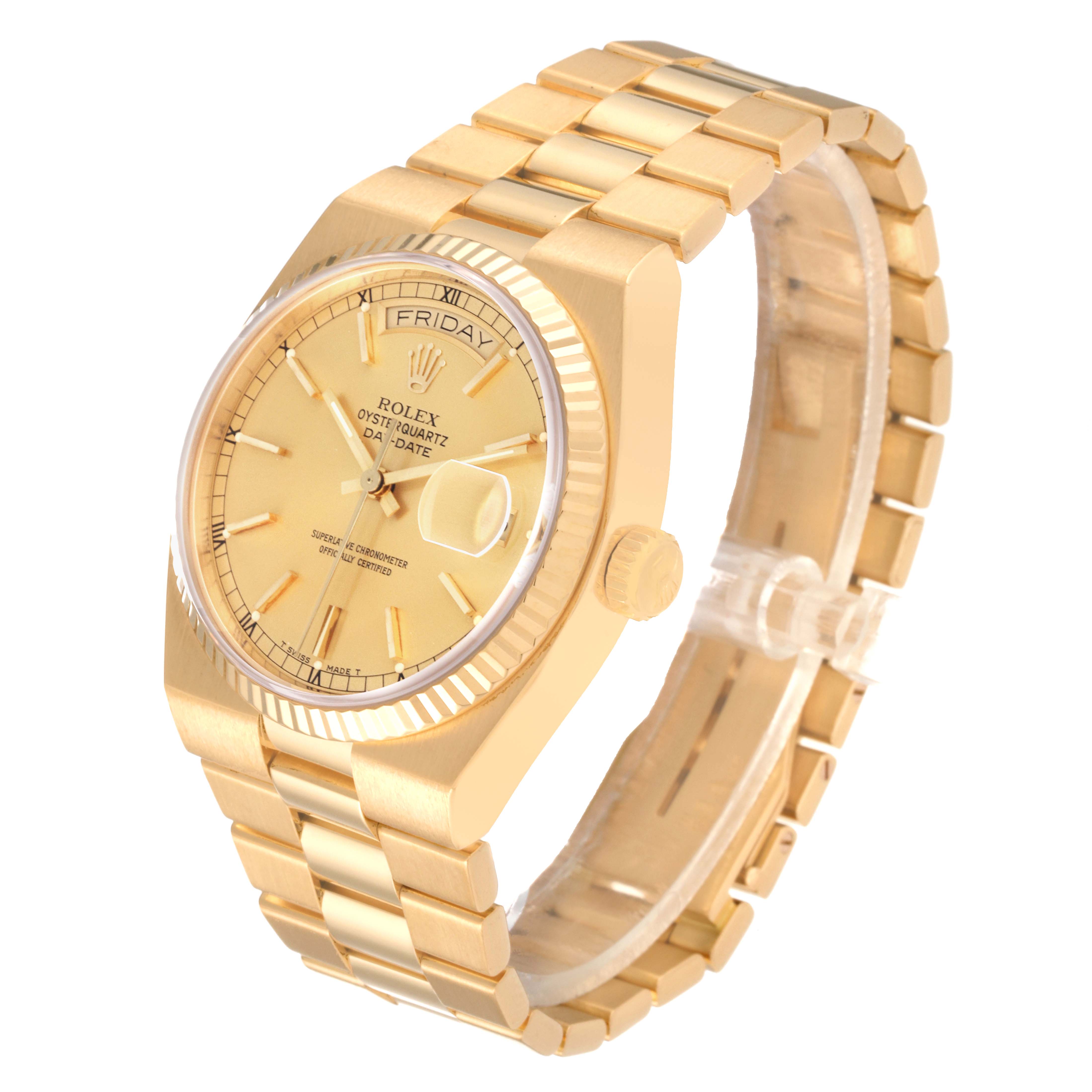 The Rolex Oysterquartz 19018 Men's Yellow Gold Champagne Dial 19018 Men's Yellow Gold Champagne Dial watch is shown at a three-quarter angle, displaying its gold case, dial, bracelet, and crown.