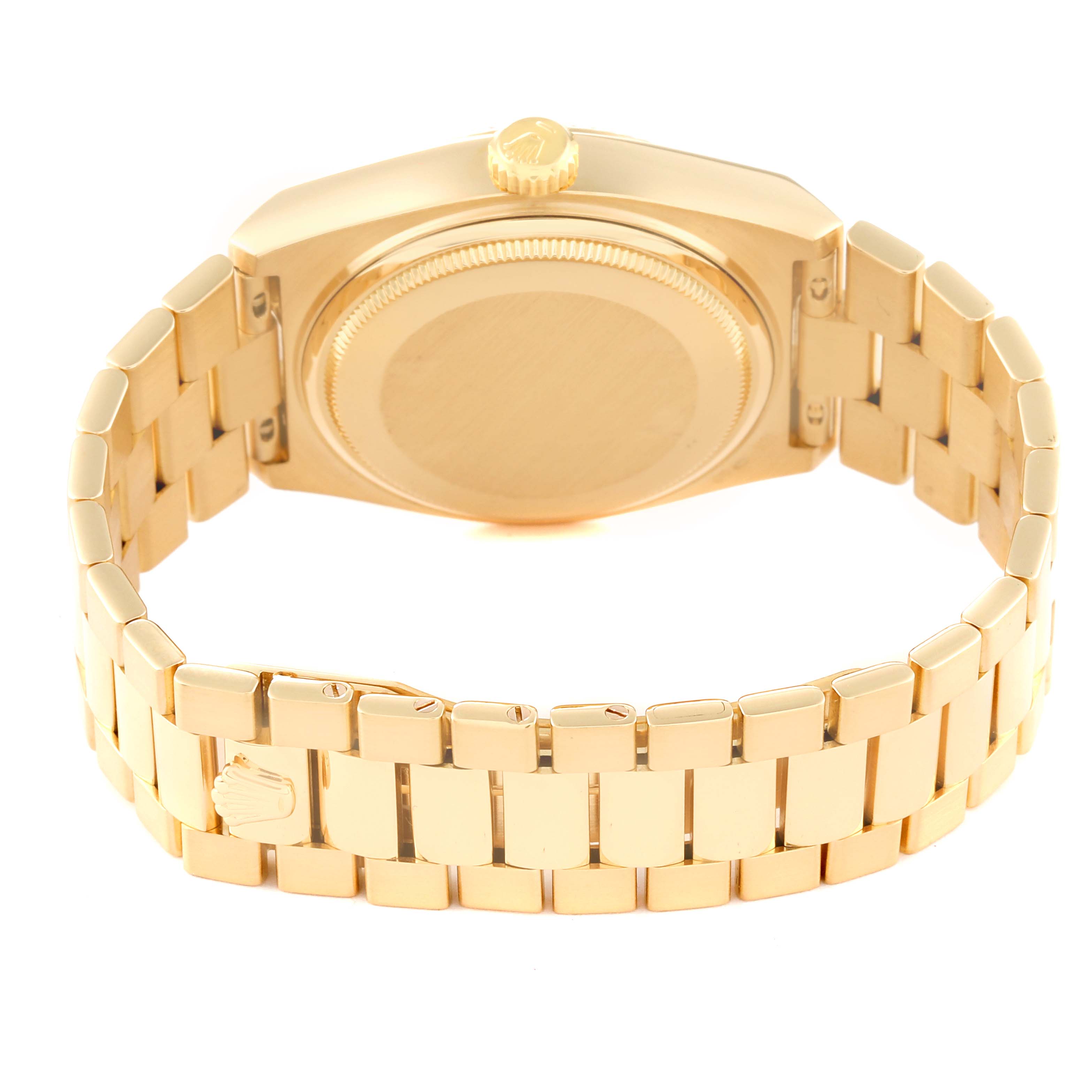 The image shows the back view of a Rolex Oysterquartz 19018 Men's Yellow Gold Champagne Dial 19018 Men's Yellow Gold Champagne Dial watch, highlighting the case back and bracelet.