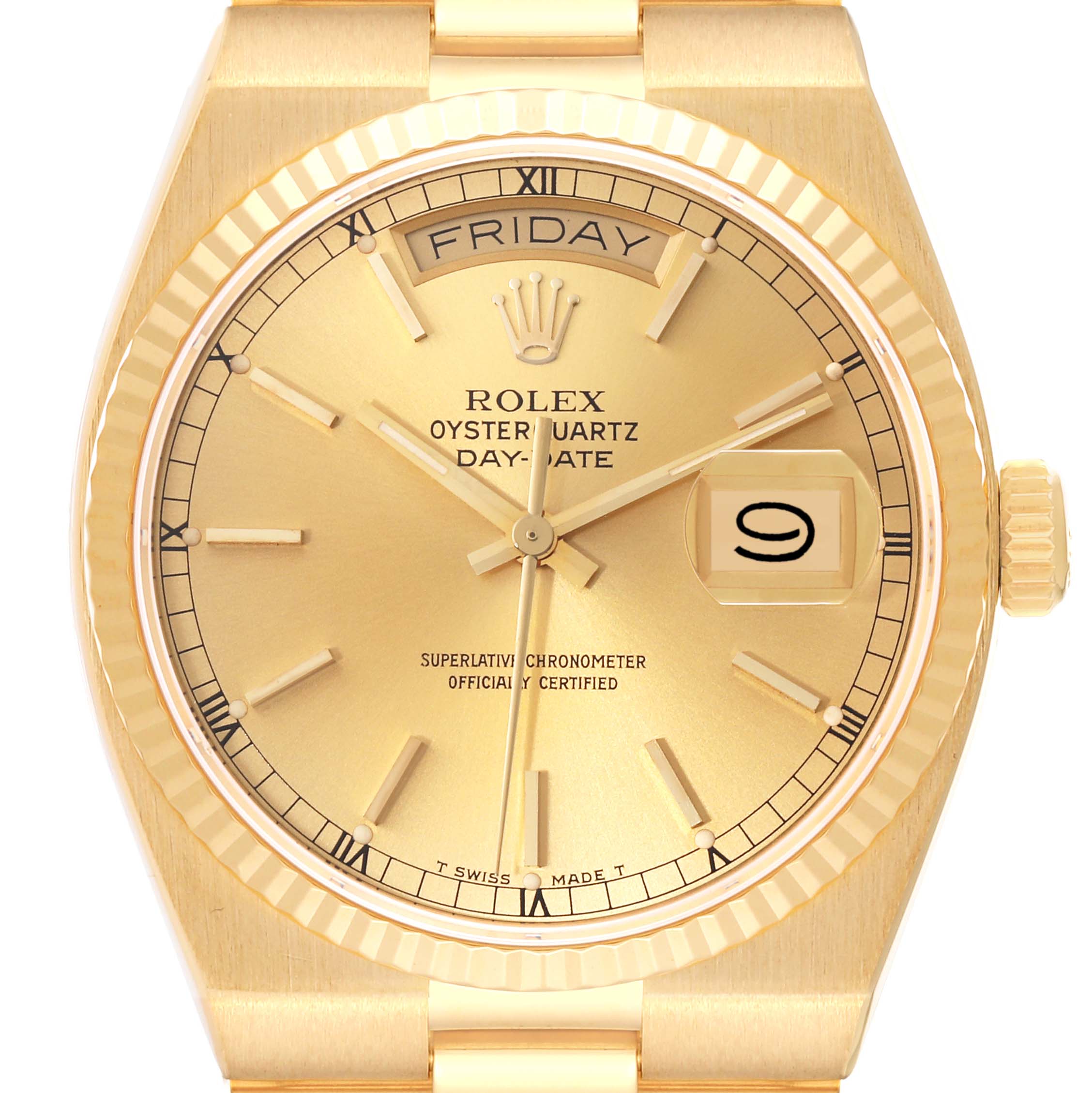 The image shows the front view of a Rolex Oysterquartz 19018 Men's Yellow Gold Champagne Dial 19018 Men's Yellow Gold Champagne Dial watch, displaying the dial, date window, and day indicator.