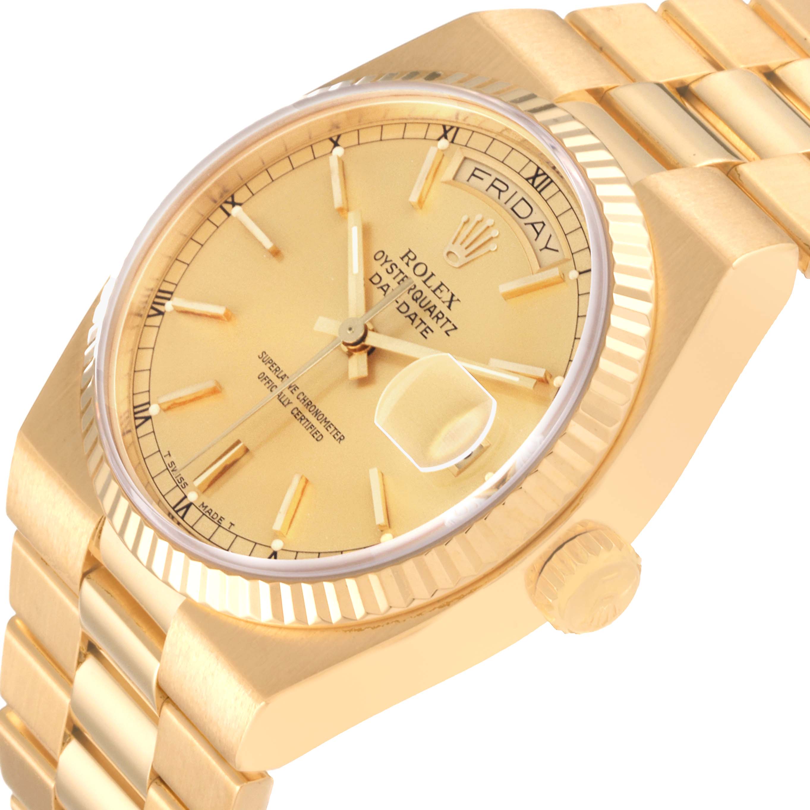 The Rolex Oysterquartz 19018 Men's Yellow Gold Champagne Dial 19018 Men's Yellow Gold Champagne Dial watch is shown at an angled close-up, highlighting its gold dial, fluted bezel, day-date display, and bracelet.