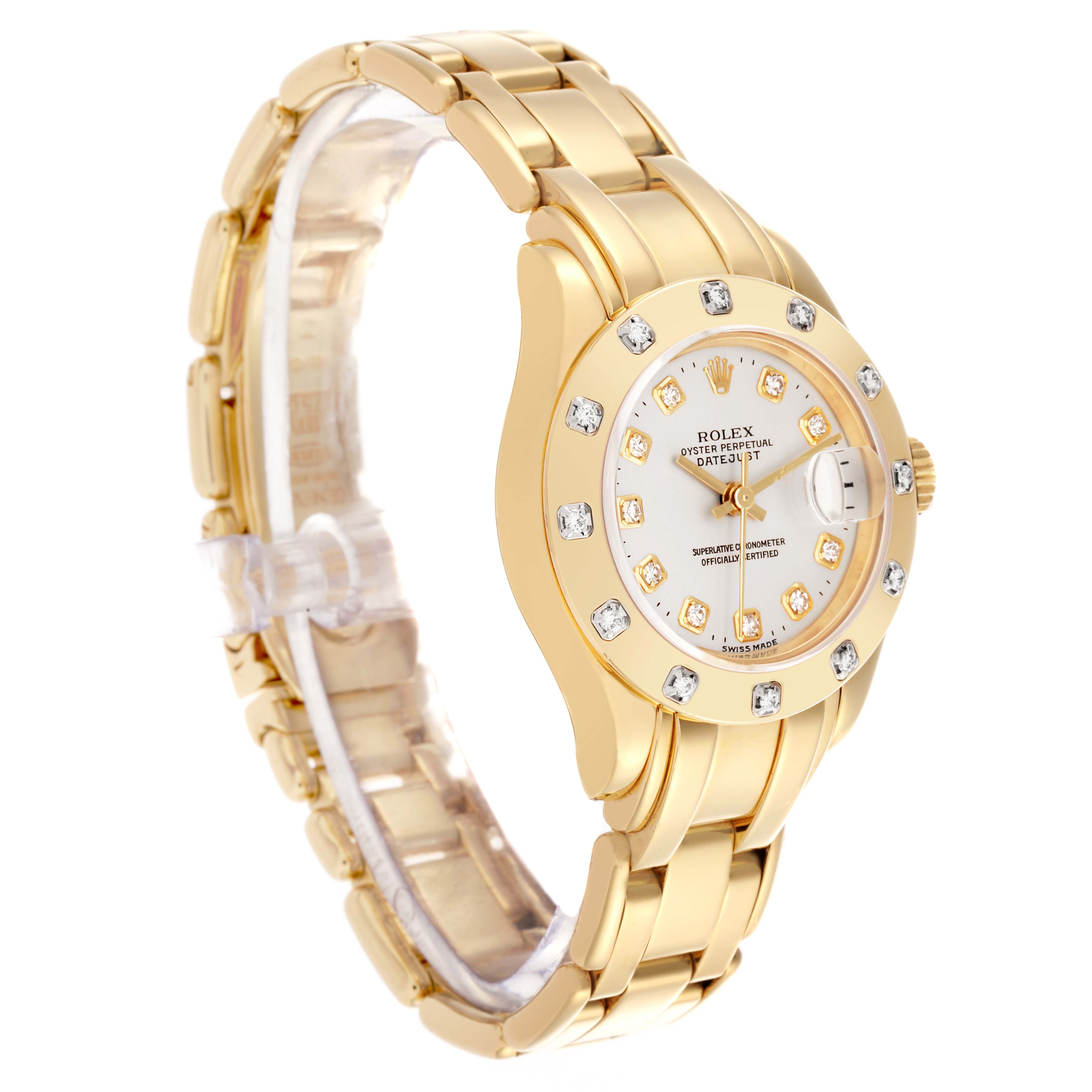 The Rolex Pearlmaster 69318 Women's Yellow Gold Silver Dial 69318 Women's Yellow Gold Silver Dial watch is shown at a three-quarter angle, highlighting the face, bezel, bracelet, and crown.