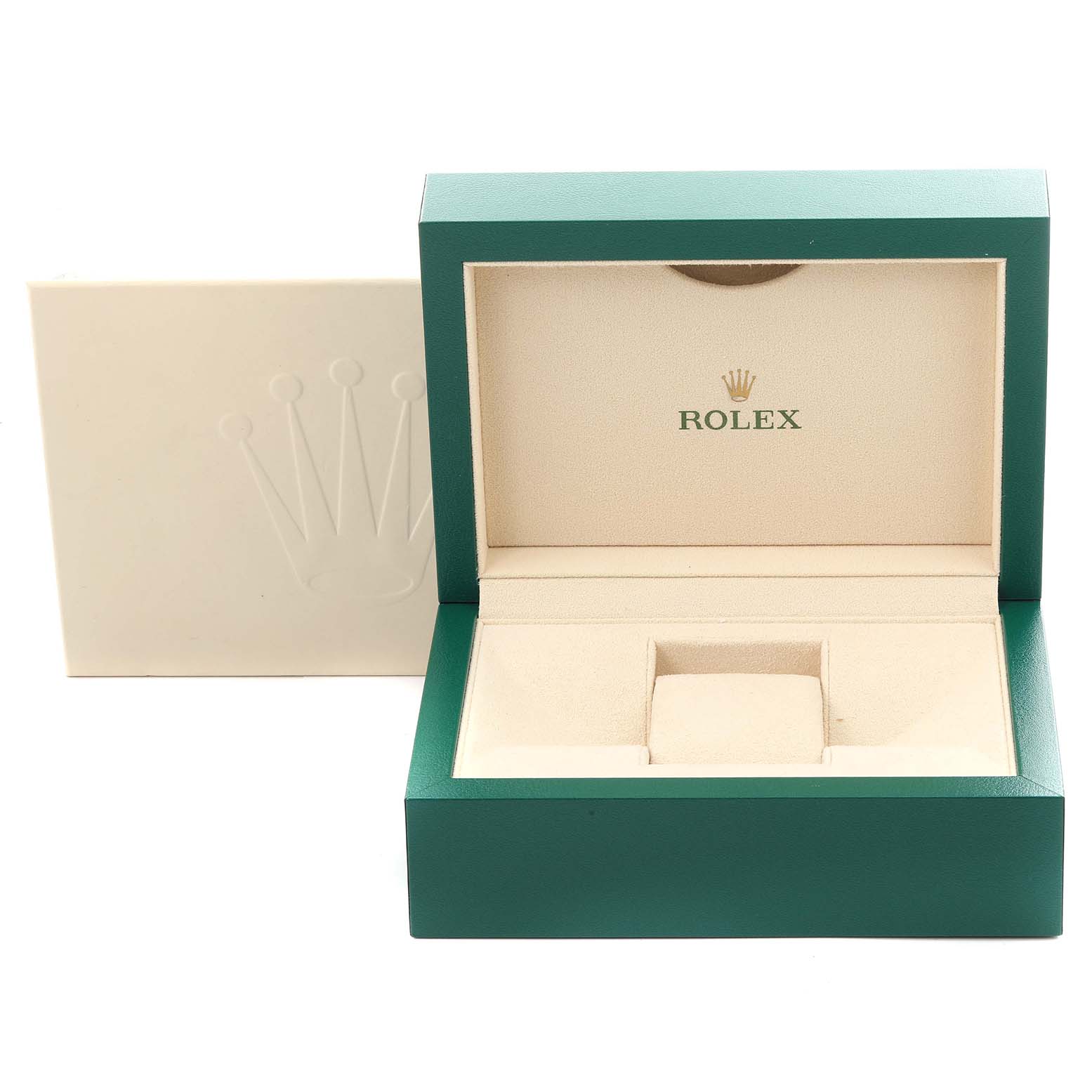The image shows an open Rolex watch box for the Pearlmaster model, with a green exterior and beige interior.