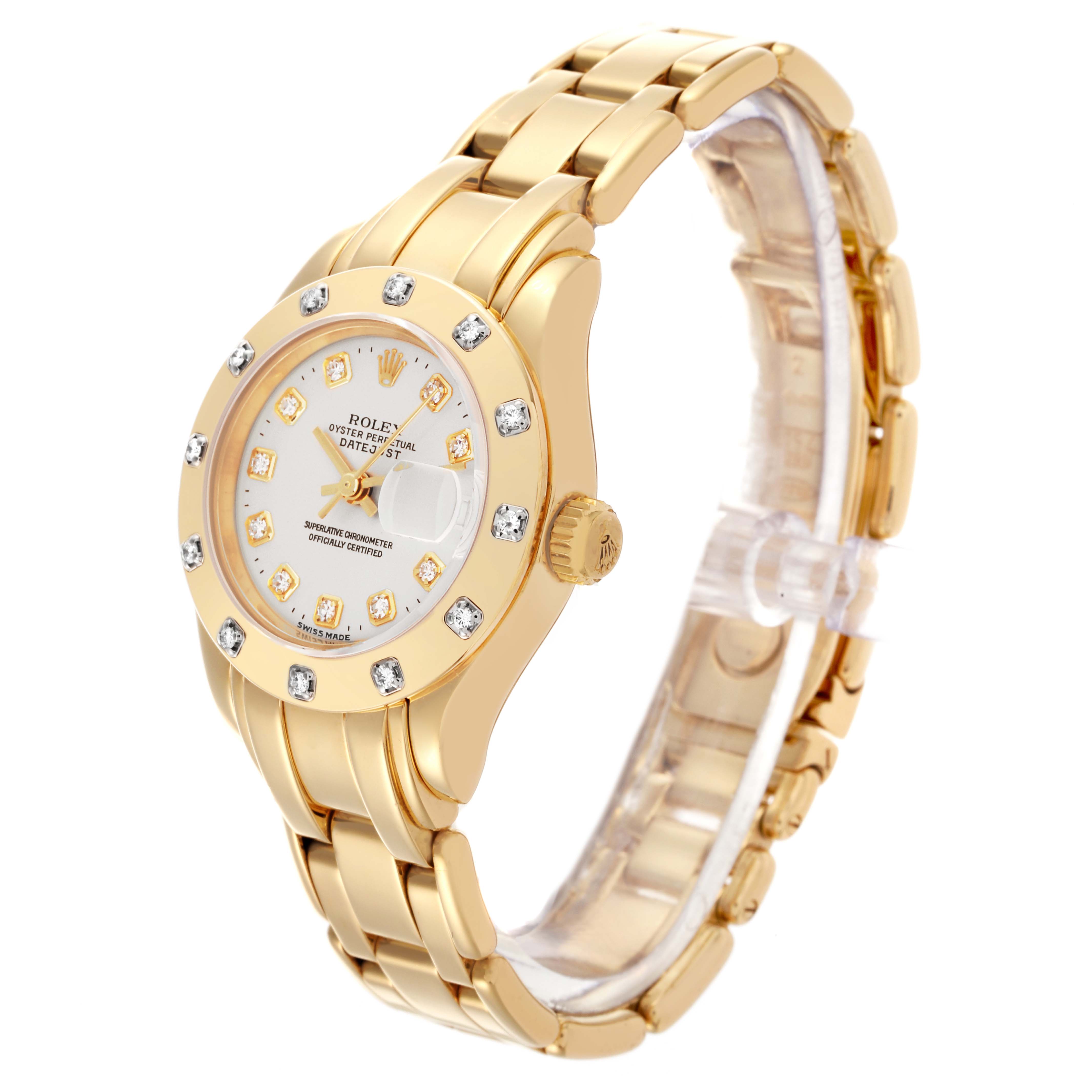 The Rolex Pearlmaster 69318 Women's Yellow Gold Silver Dial 69318 Women's Yellow Gold Silver Dial watch is shown at a three-quarter angle, highlighting the dial, bezel, and gold bracelet.