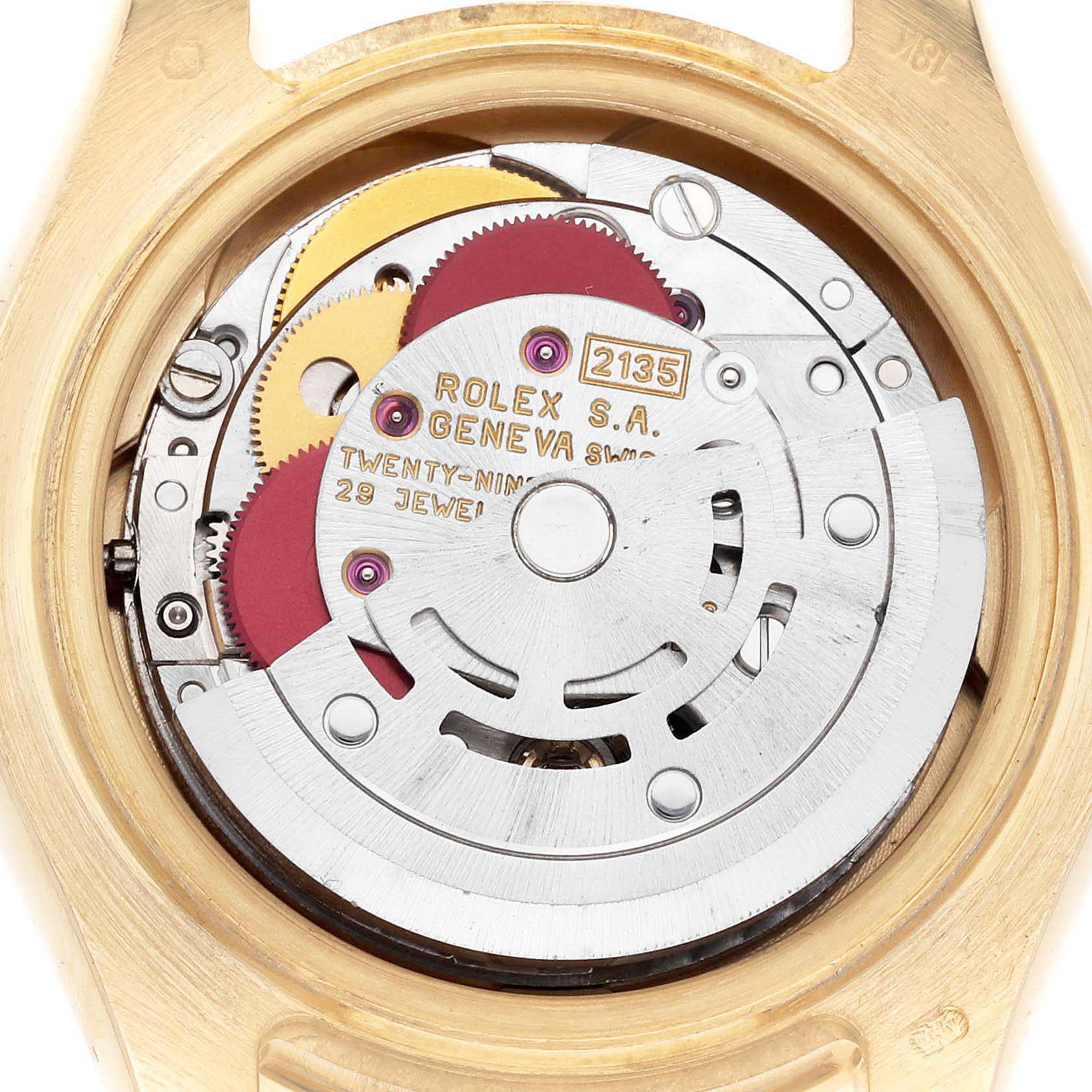The image shows the internal movement mechanism of a Rolex Pearlmaster 69318 Women's Yellow Gold Silver Dial 69318 Women's Yellow Gold Silver Dial watch viewed from the back.