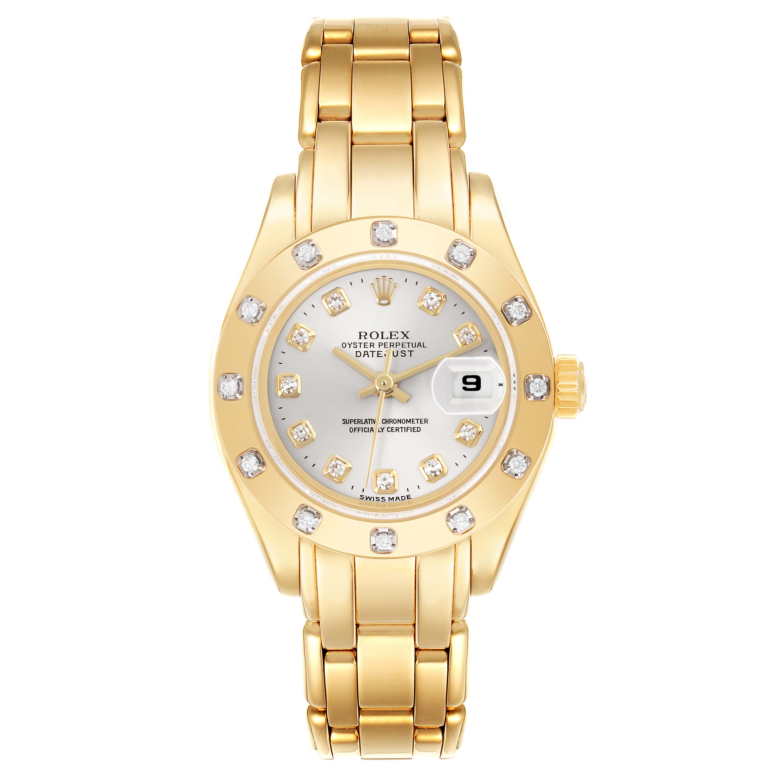 The watch is shown from a top-down angle, displaying the Rolex Pearlmaster 69318 Women's Yellow Gold Silver Dial 69318 Women's Yellow Gold Silver Dial's dial, bezel, bracelet, and crown.