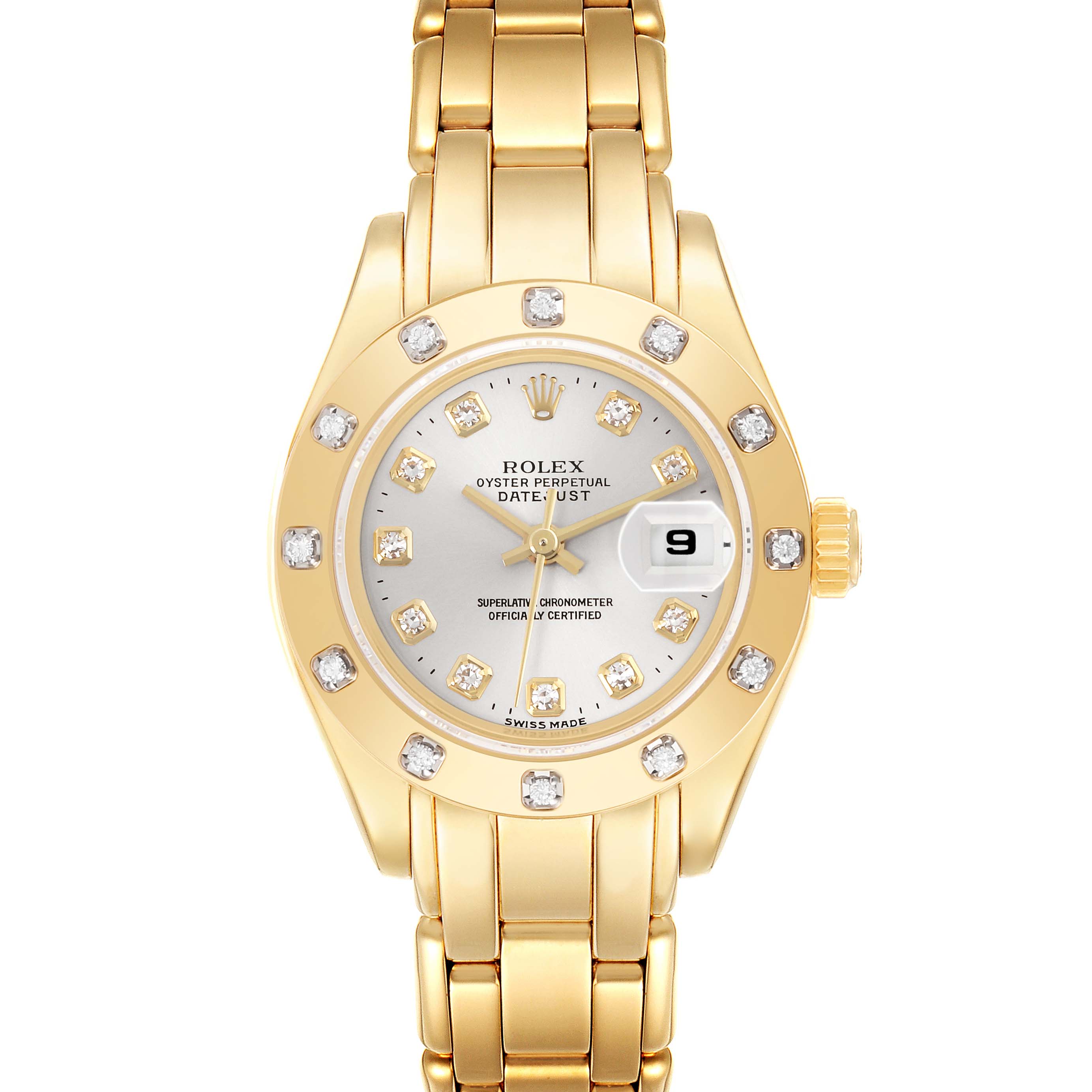 The Rolex Pearlmaster 69318 Women's Yellow Gold Silver Dial 69318 Women's Yellow Gold Silver Dial watch is shown from a top-down angle, displaying its gold bracelet and diamond-set bezel and dial.