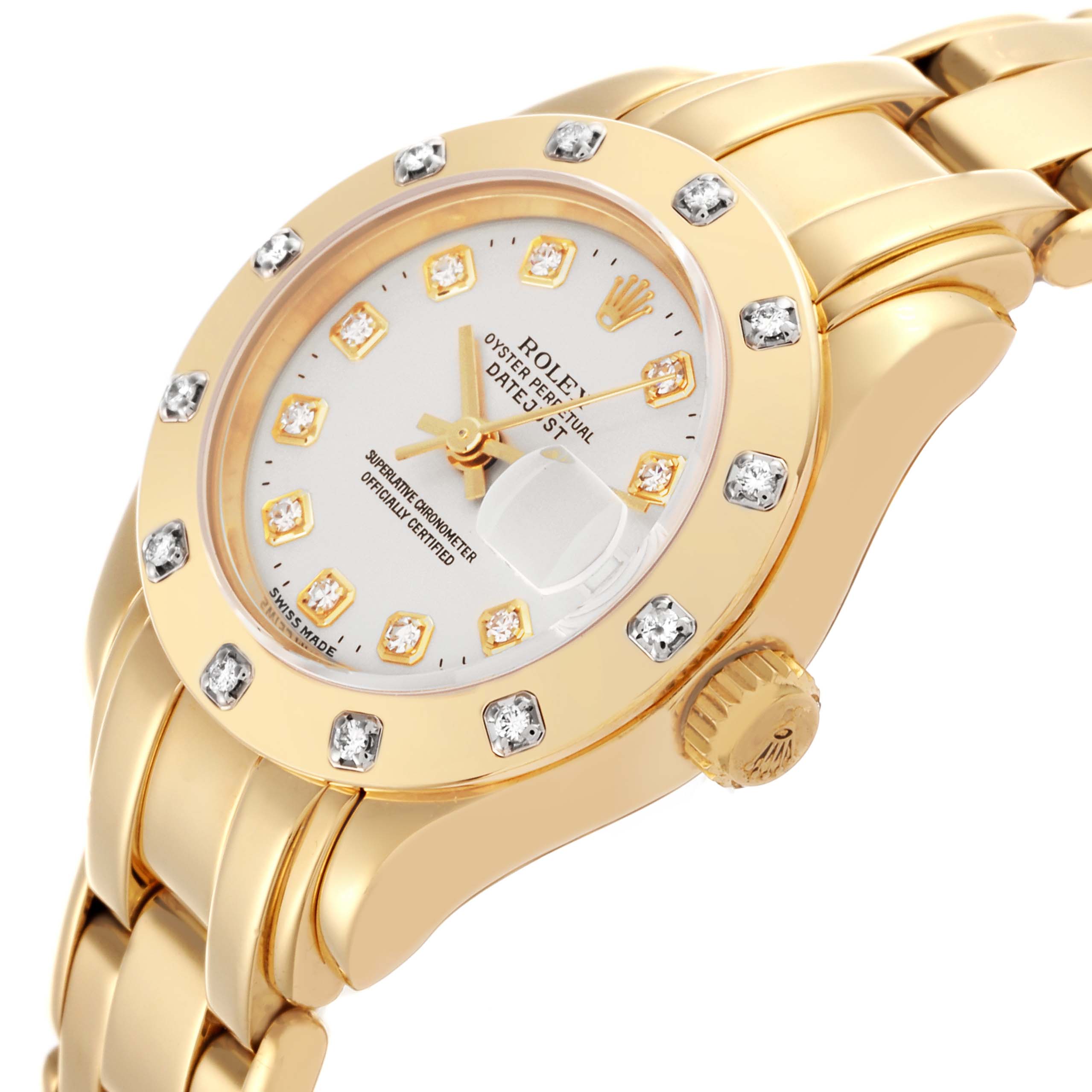 The Rolex Pearlmaster 69318 Women's Yellow Gold Silver Dial 69318 Women's Yellow Gold Silver Dial watch is shown at a side angle, highlighting the face, bezel, crown, and part of the bracelet.