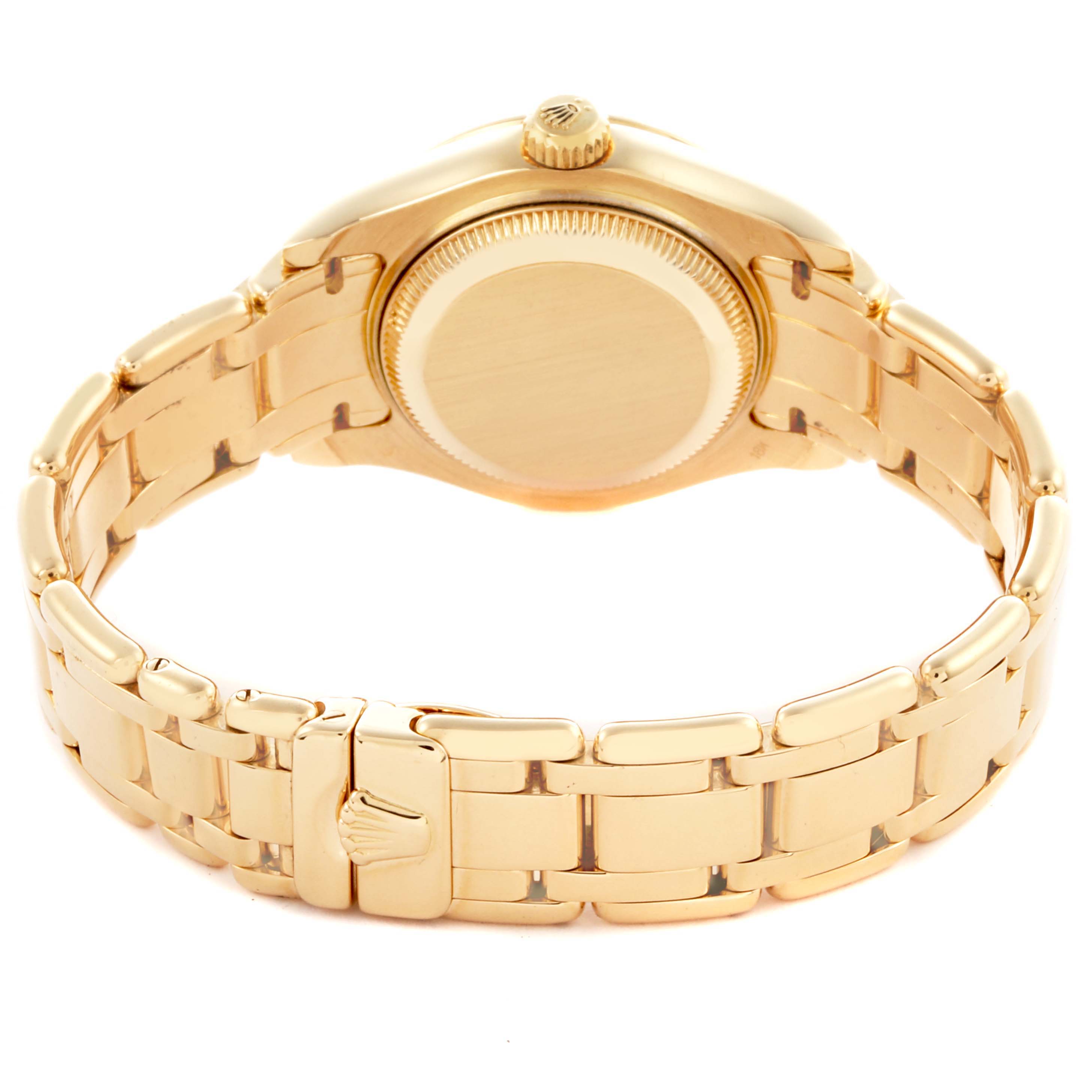 The image shows the back and bracelet of the Rolex Pearlmaster 69318 Women's Yellow Gold Silver Dial 69318 Women's Yellow Gold Silver Dial watch at a slight angle, highlighting the clasp and case back.