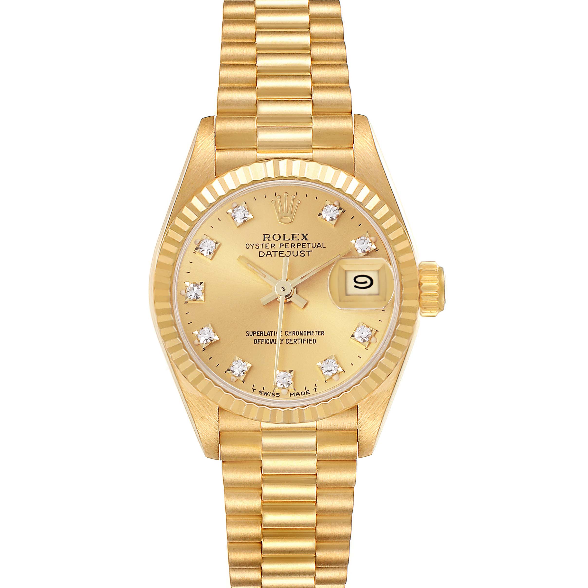 The Rolex President 69178 Women's Yellow Gold Champagne Dial 69178 Women's Yellow Gold Champagne Dial model watch is shown from a front angle, displaying its gold dial, diamond hour markers, fluted bezel, and President bracelet.