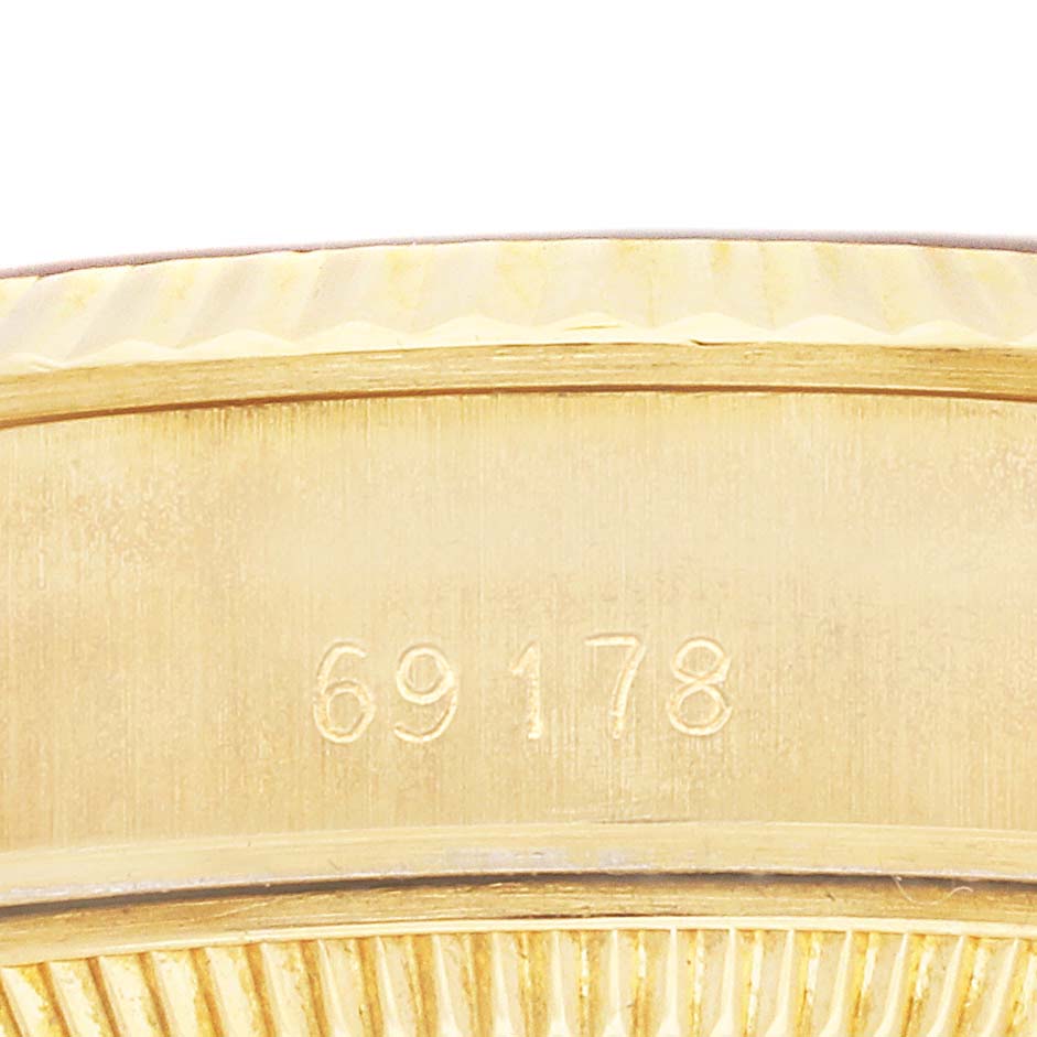 The image shows a close-up of the Rolex President 69178 Women's Yellow Gold Champagne Dial 69178 Women's Yellow Gold Champagne Dial model's case or bracelet, highlighting the model number "69178."