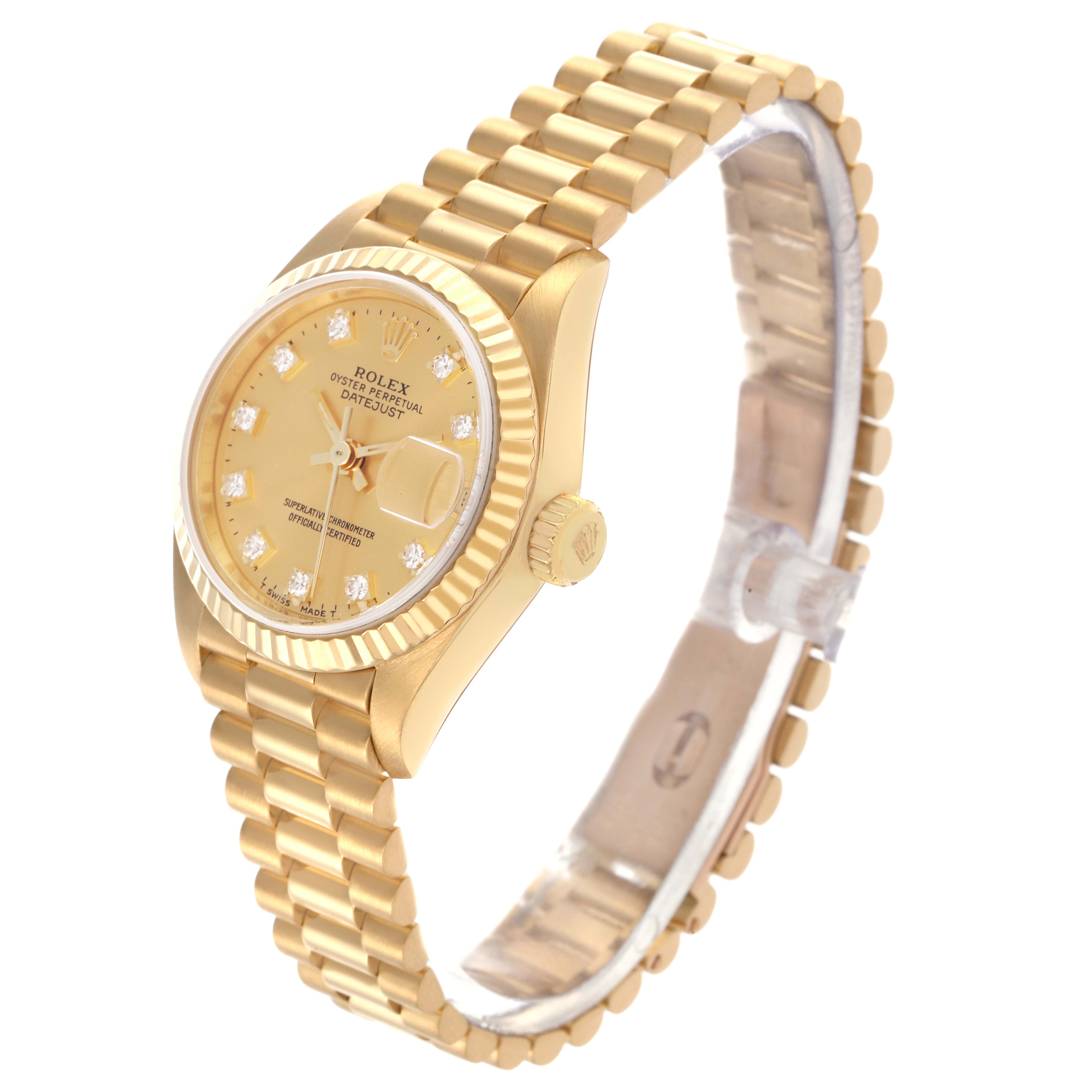 The Rolex President 69178 Women's Yellow Gold Champagne Dial 69178 Women's Yellow Gold Champagne Dial model is shown at a slight angle, highlighting the face, fluted bezel, crown, and the signature bracelet.