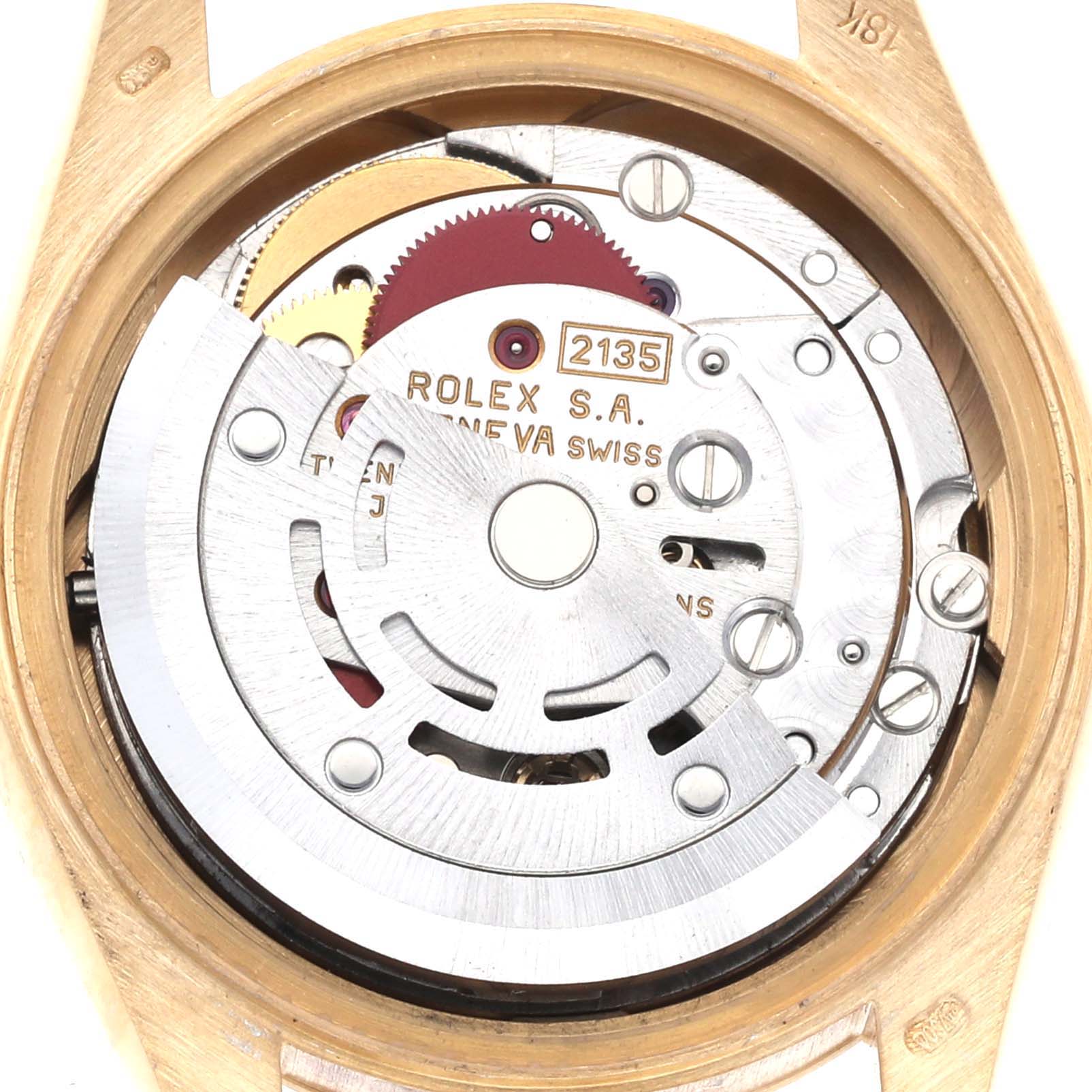 The image shows the inner mechanical movement of a Rolex President 69178 Women's Yellow Gold Champagne Dial 69178 Women's Yellow Gold Champagne Dial watch, highlighting gears and rotor.