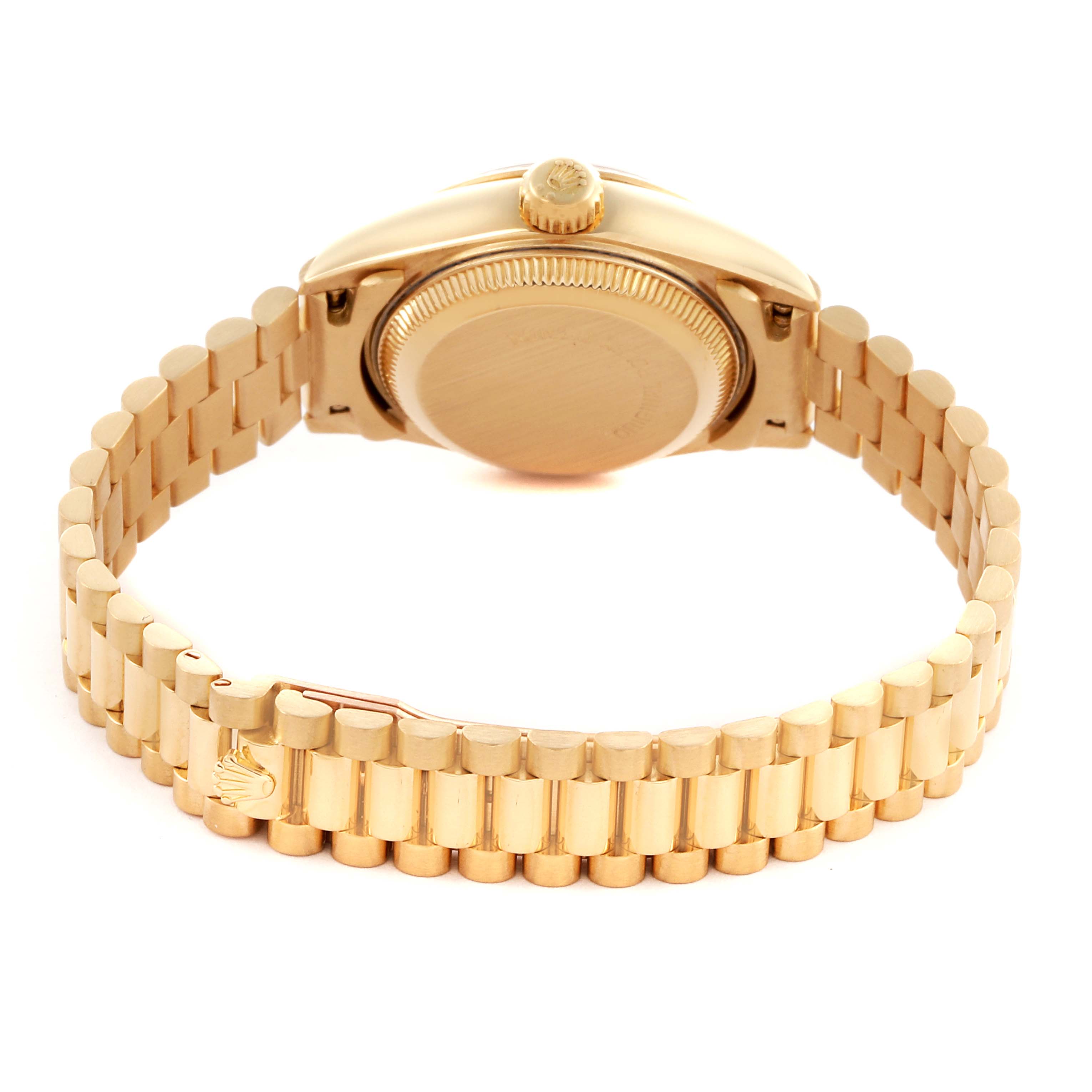 The Rolex President 69178 Women's Yellow Gold Champagne Dial 69178 Women's Yellow Gold Champagne Dial model is shown from the rear angle, highlighting the case back and gold bracelet.