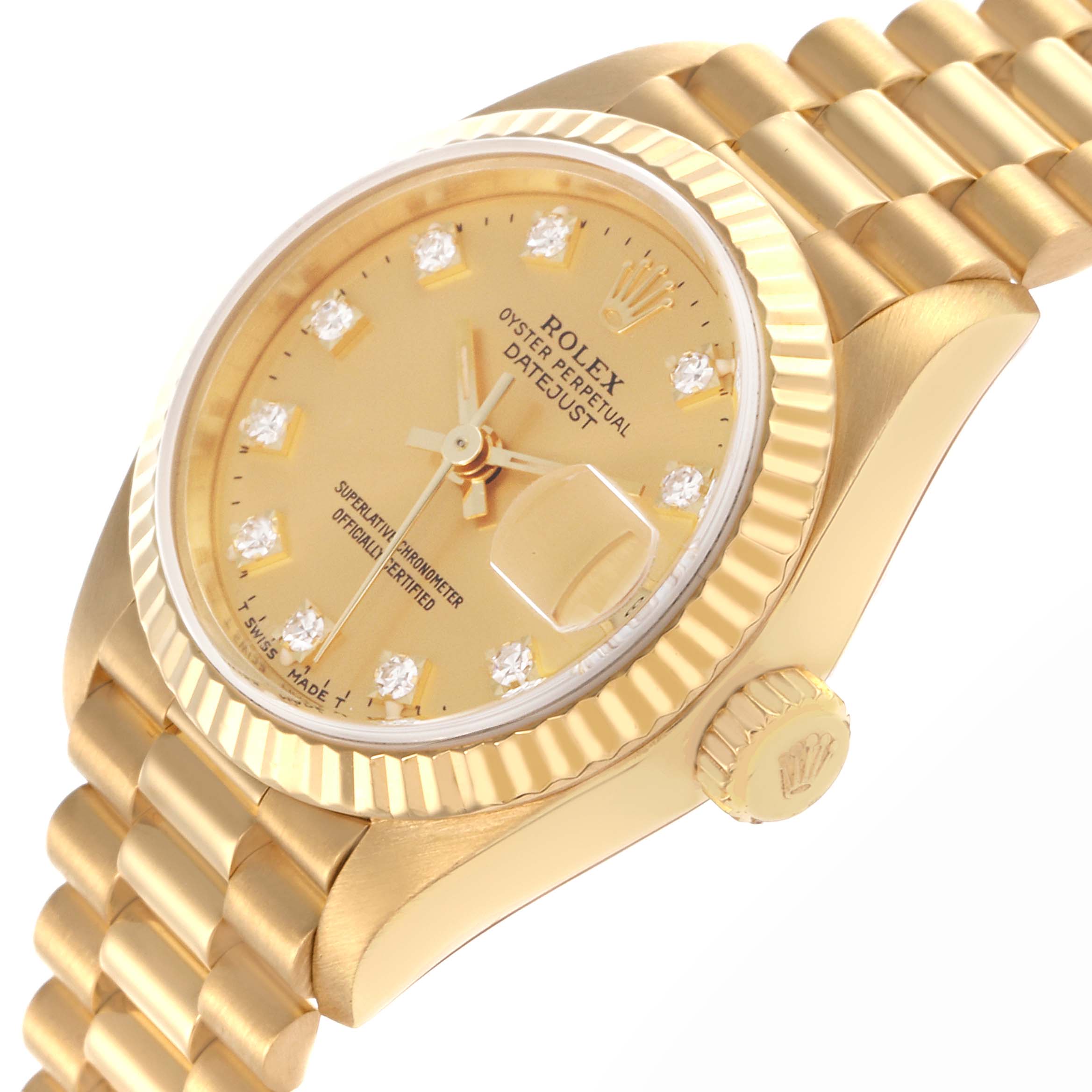 The Rolex President 69178 Women's Yellow Gold Champagne Dial 69178 Women's Yellow Gold Champagne Dial watch is shown at an angled side view, highlighting its gold case, bezel, crown, bracelet, and diamond markers.