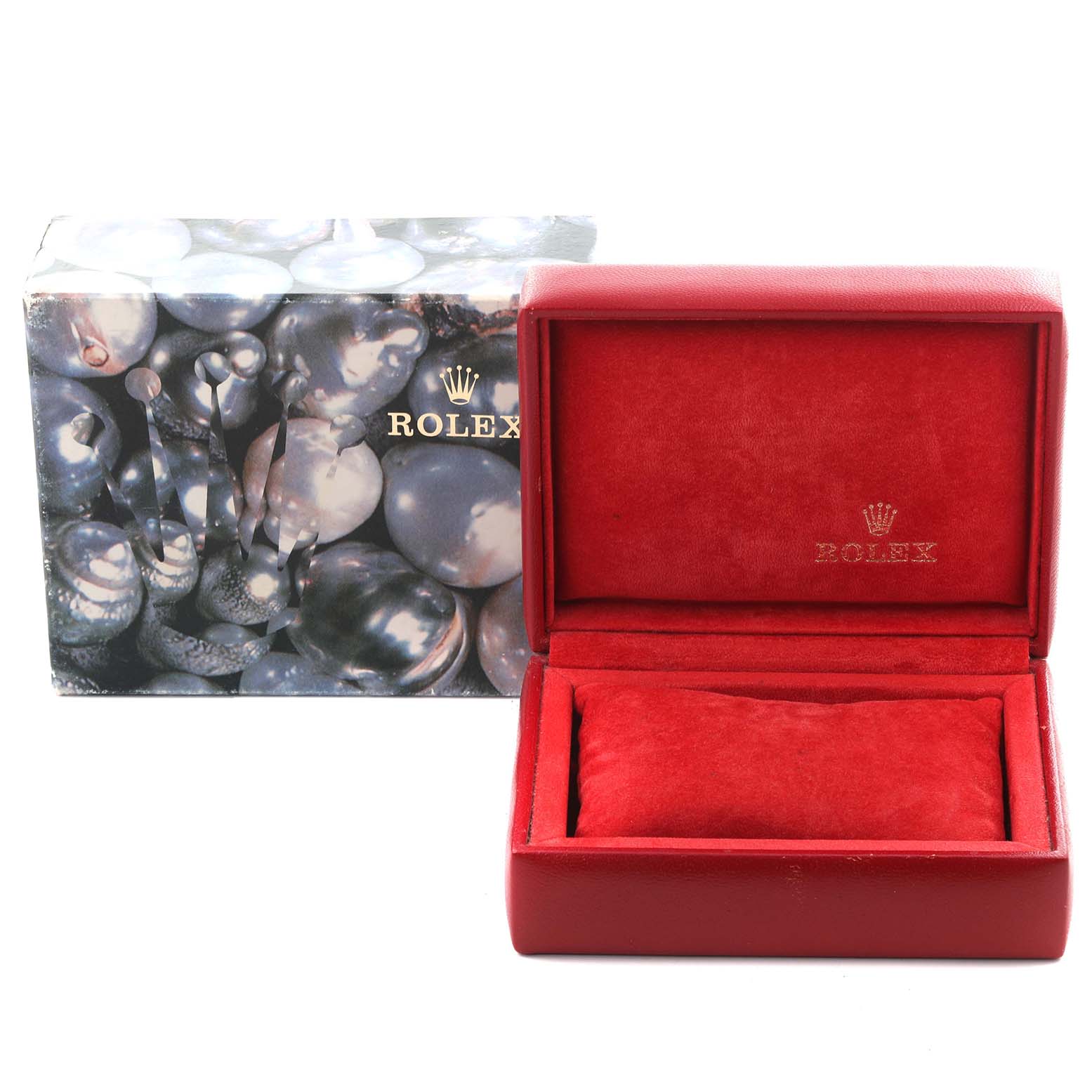 The image shows a Rolex President 69178 Women's Yellow Gold White Dial 69178 Women's Yellow Gold White Dial watch box set, including an open red inner box and an outer decorative box.