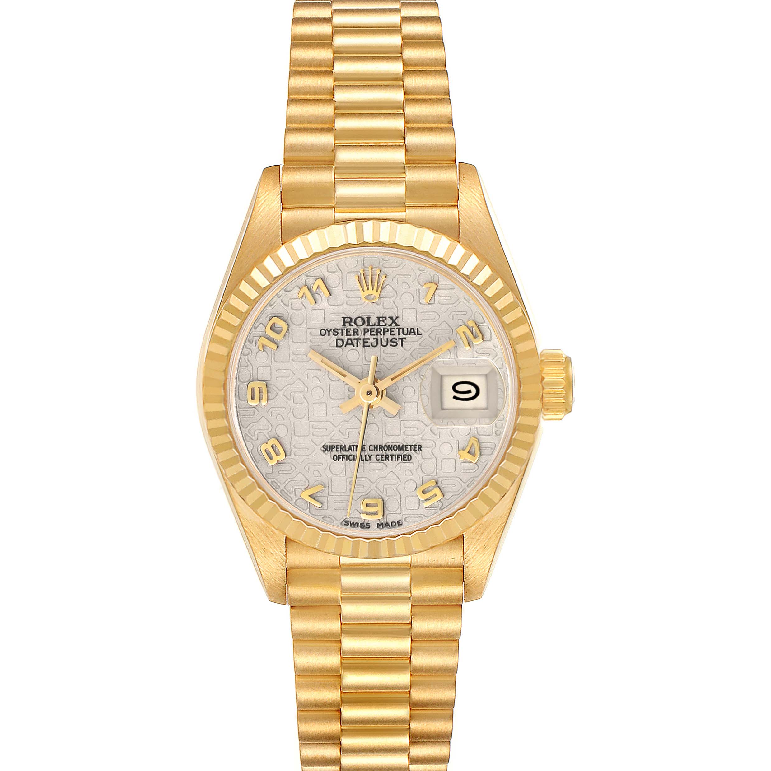 The Rolex President 69178 Women's Yellow Gold White Dial 69178 Women's Yellow Gold White Dial model is shown from a top-down angle, highlighting the face, bezel, and full bracelet.