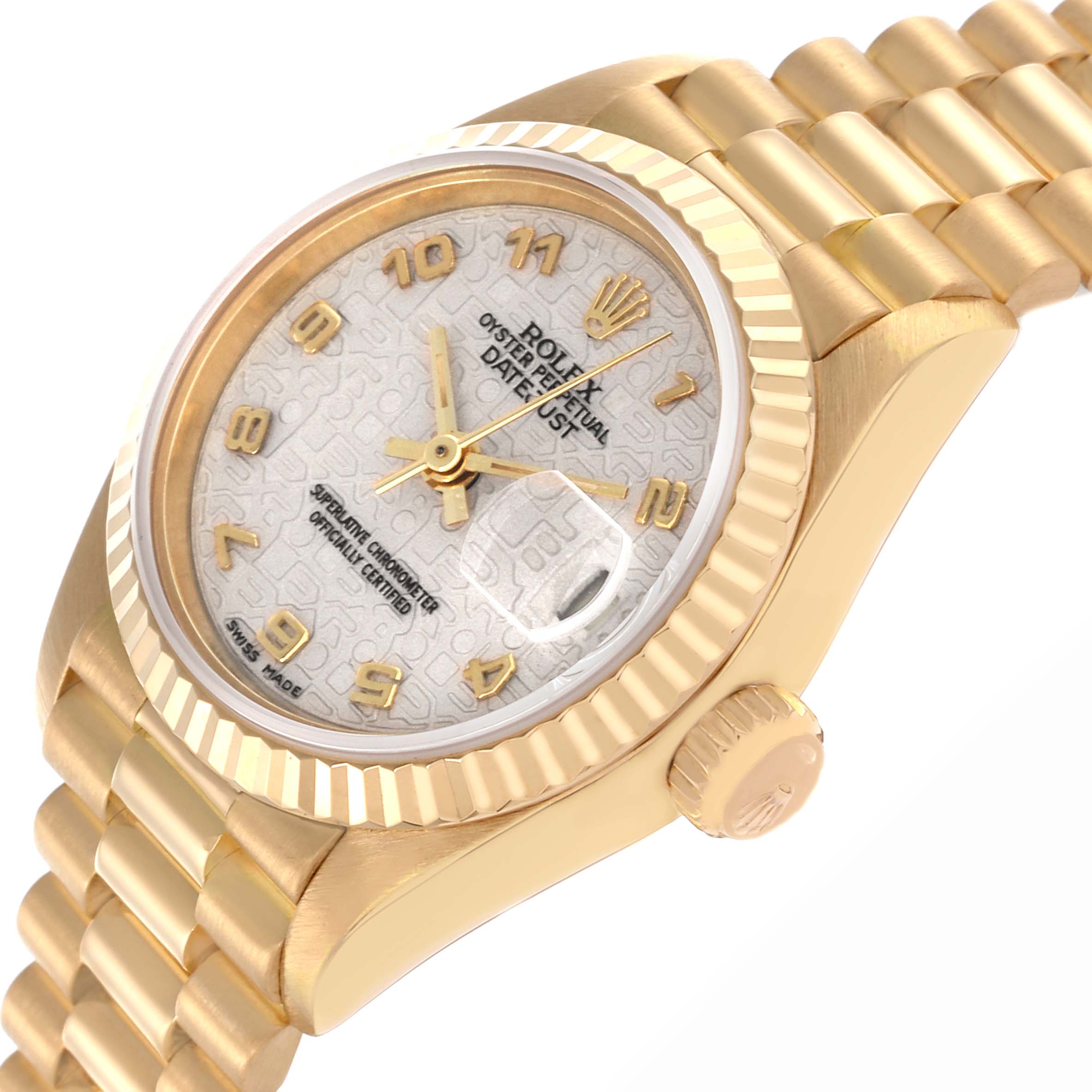 The Rolex President 69178 Women's Yellow Gold White Dial 69178 Women's Yellow Gold White Dial watch is shown from a side angle, highlighting the dial, bezel, crown, and bracelet.
