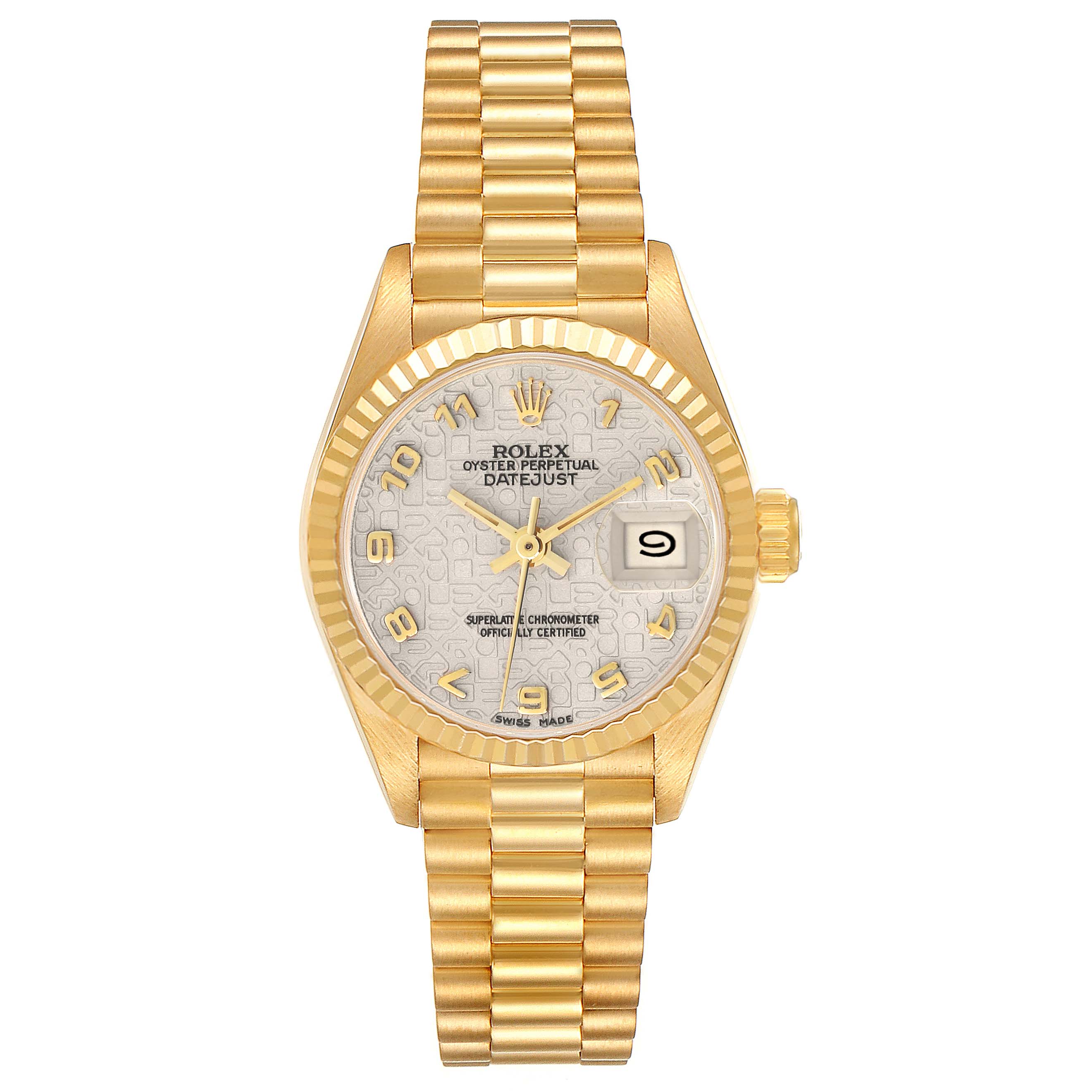 The Rolex President 69178 Women's Yellow Gold White Dial 69178 Women's Yellow Gold White Dial model watch is shown from a front angle, displaying its face, bracelet, and crown.